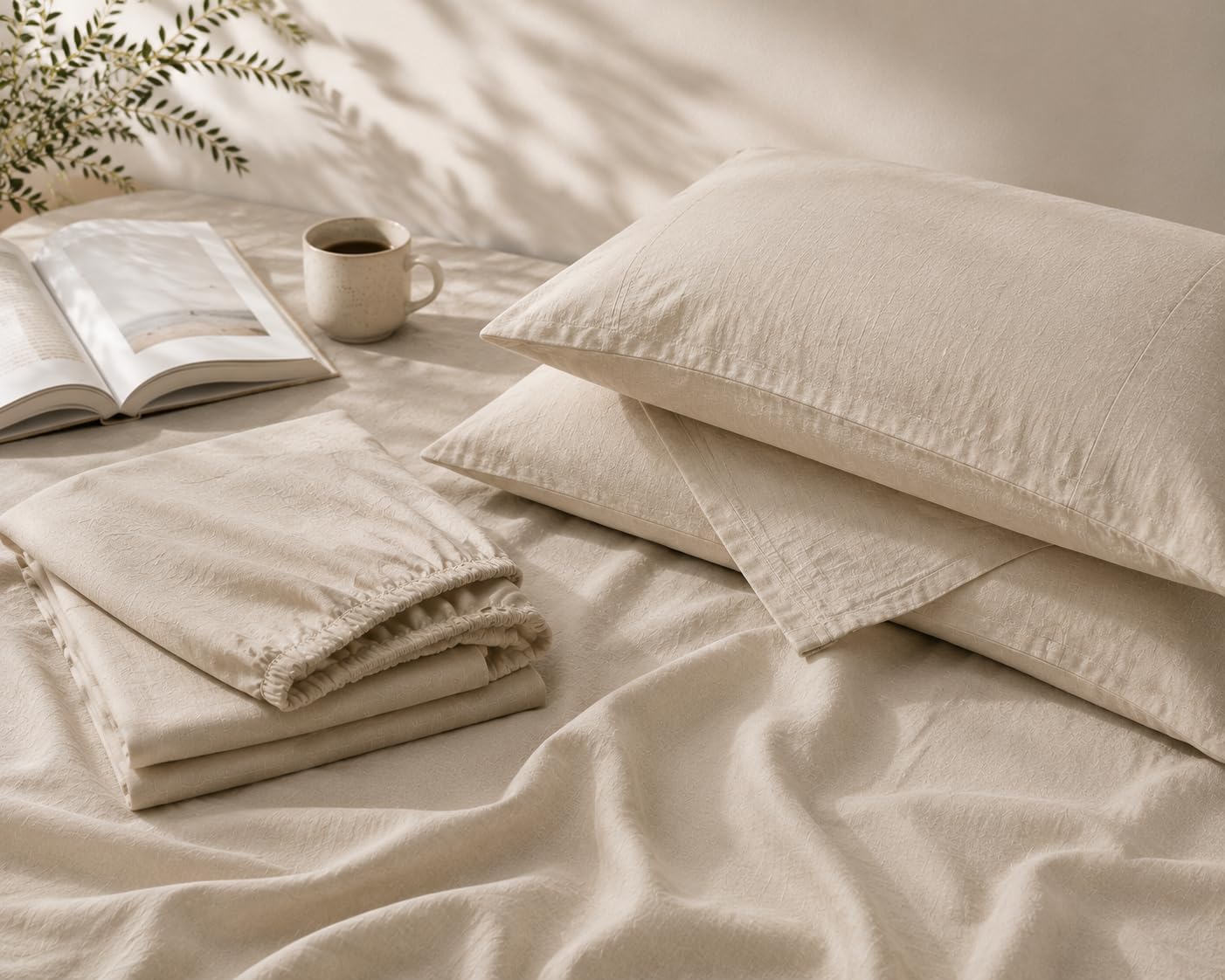 Detalle de MEISHANG 100% French Pure Linen Sheets Queen Size (4-Piece Set) with 16" Deep Pocket