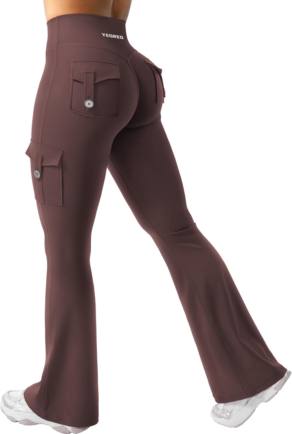 Detalle de YEOREO CoreFlex flare training leggings with hidden pockets (high-waisted, no front seam) for women