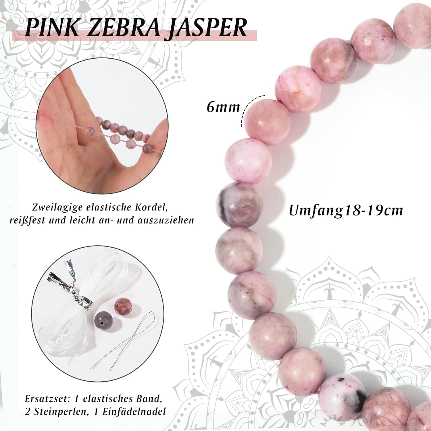 Detalle de RUBY 6mm Heilstein Armband für Damen – Pink Zebra Jasper, handmade mit reparaturset und Geschenkbox