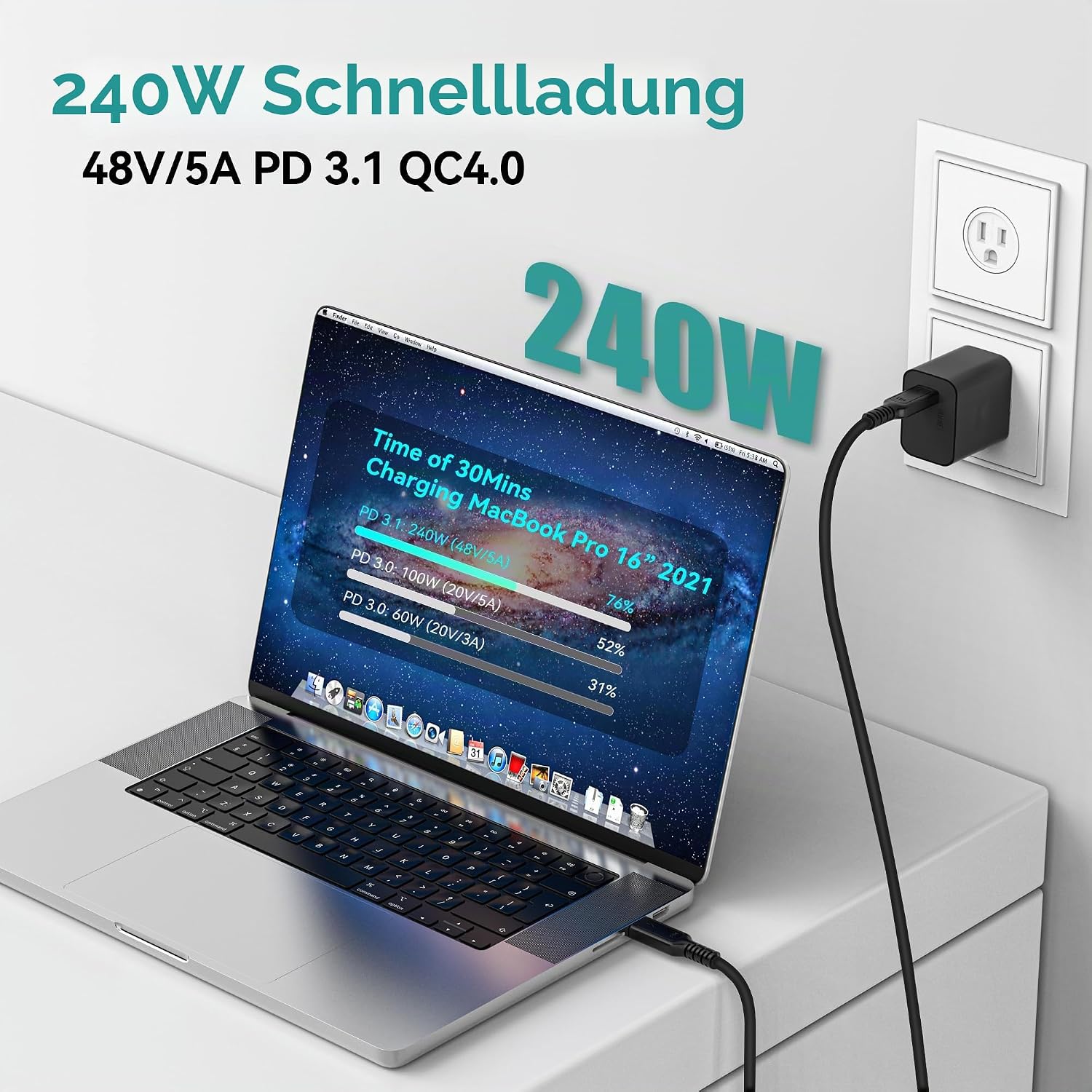 Detalle 2 de ConnBull Thunderbolt 5 Kabel, 0,5 m – 240 W, 80 Gbps, USB-C zu USB-C