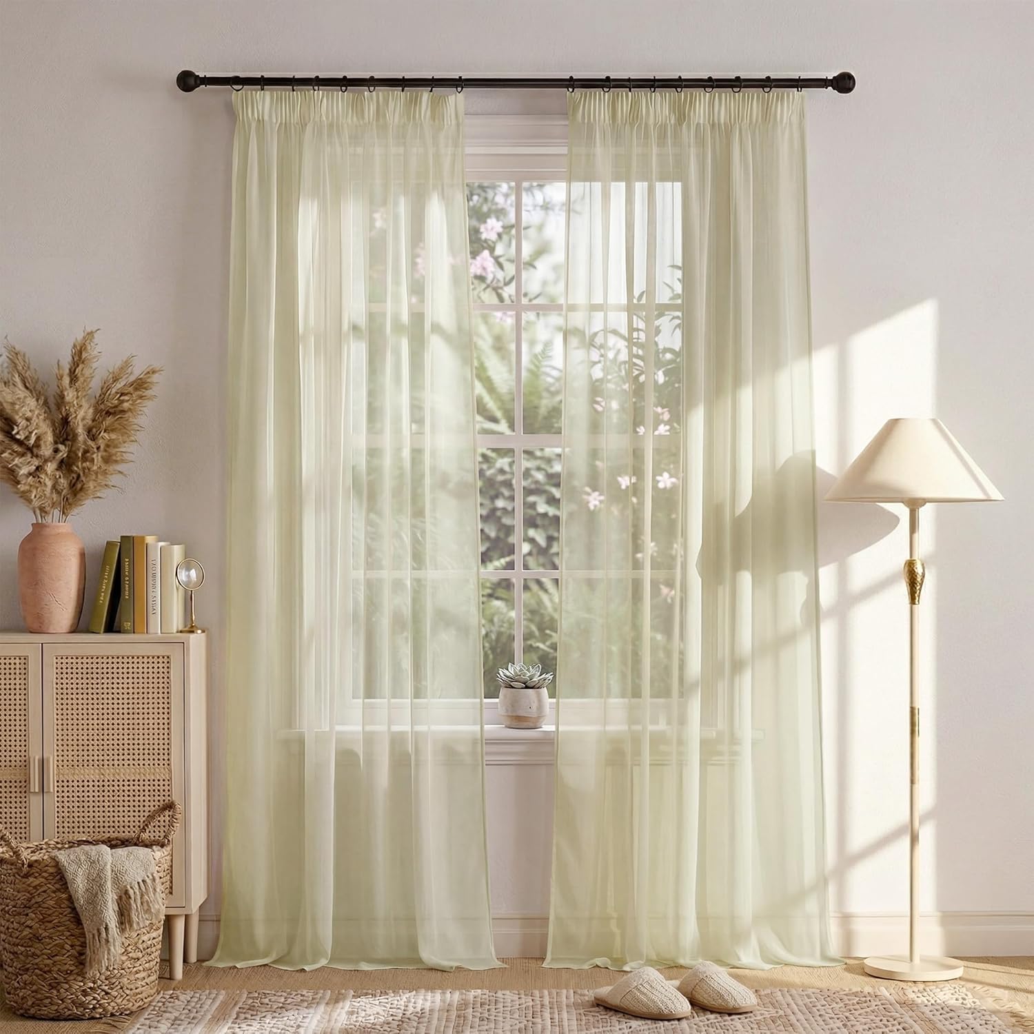 Detalle de PONY DANCE Extra Long Net Curtains 55x102 inches – Creamy Beige Voile Panels (Set of 2)