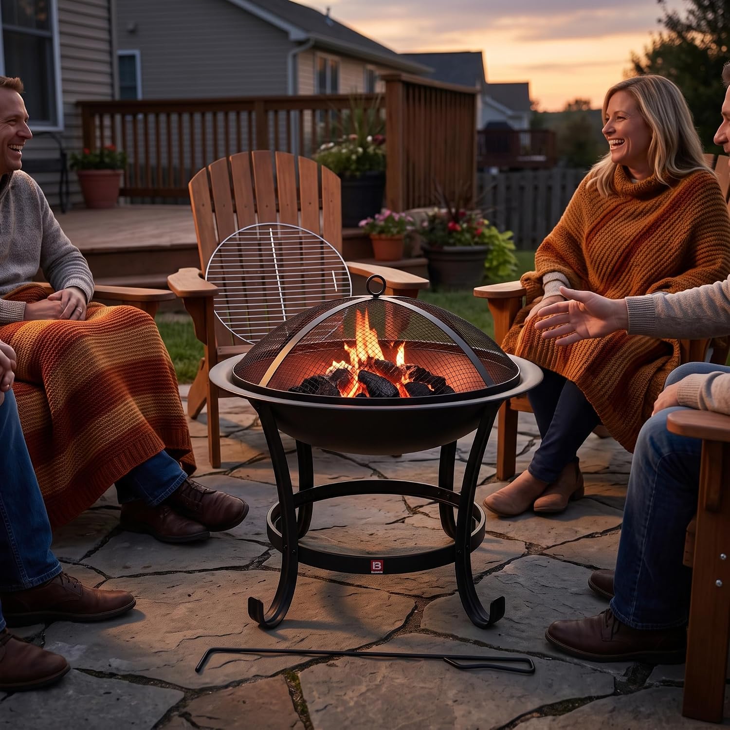 Detalle de Fire Beauty Fire Pit BBQ Grill Pit Bowl with Mesh Spark Screen Cover and Poker