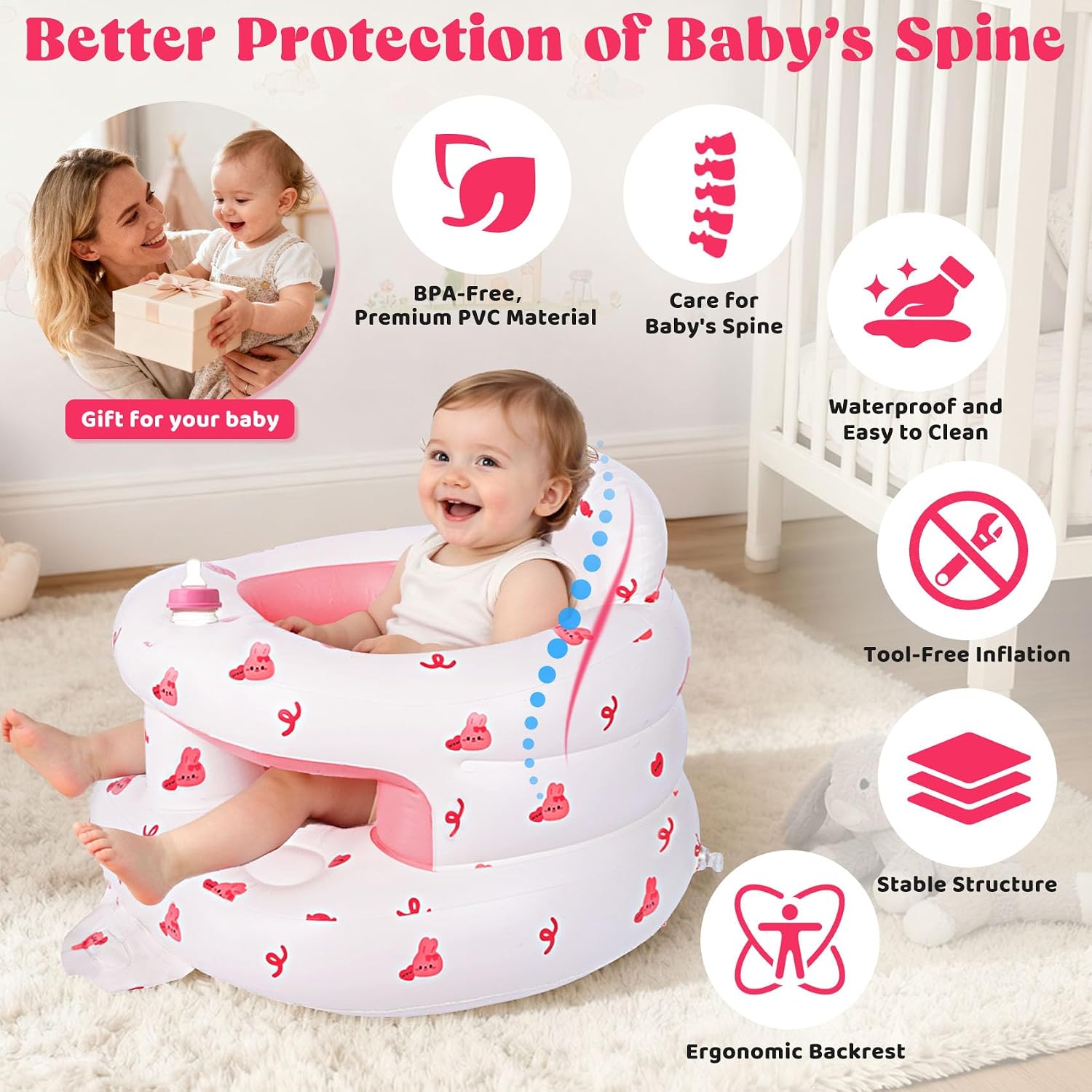 Thumbnail 3 de CandyHome Inflatable Baby Seat, Bunny Design with Built-In Pump and Back Support