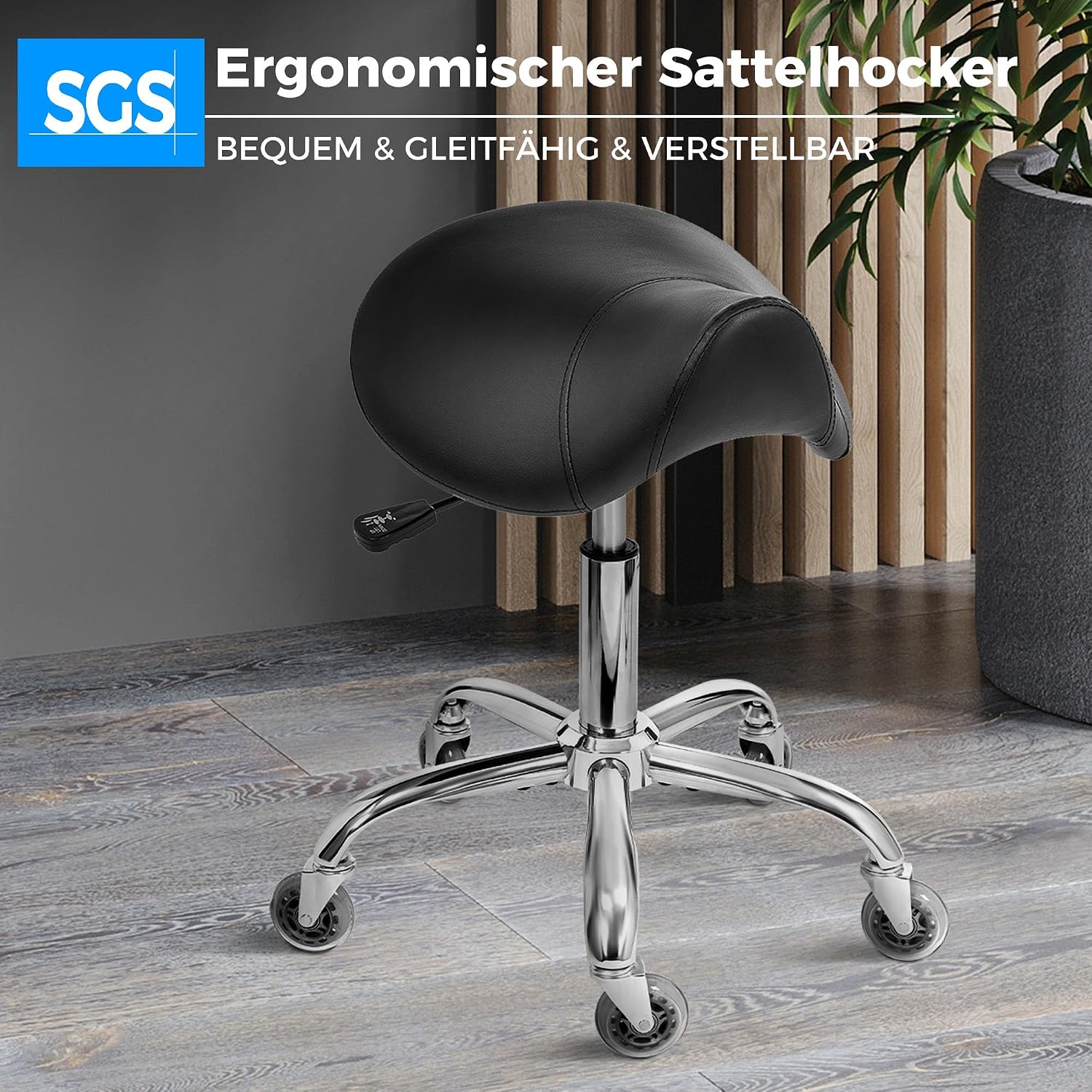 Detalle de BEWISHOME Sattelhocker mit Rollen – schwenkbar, höhenverstellbar, PU-Leder (Schwarz)