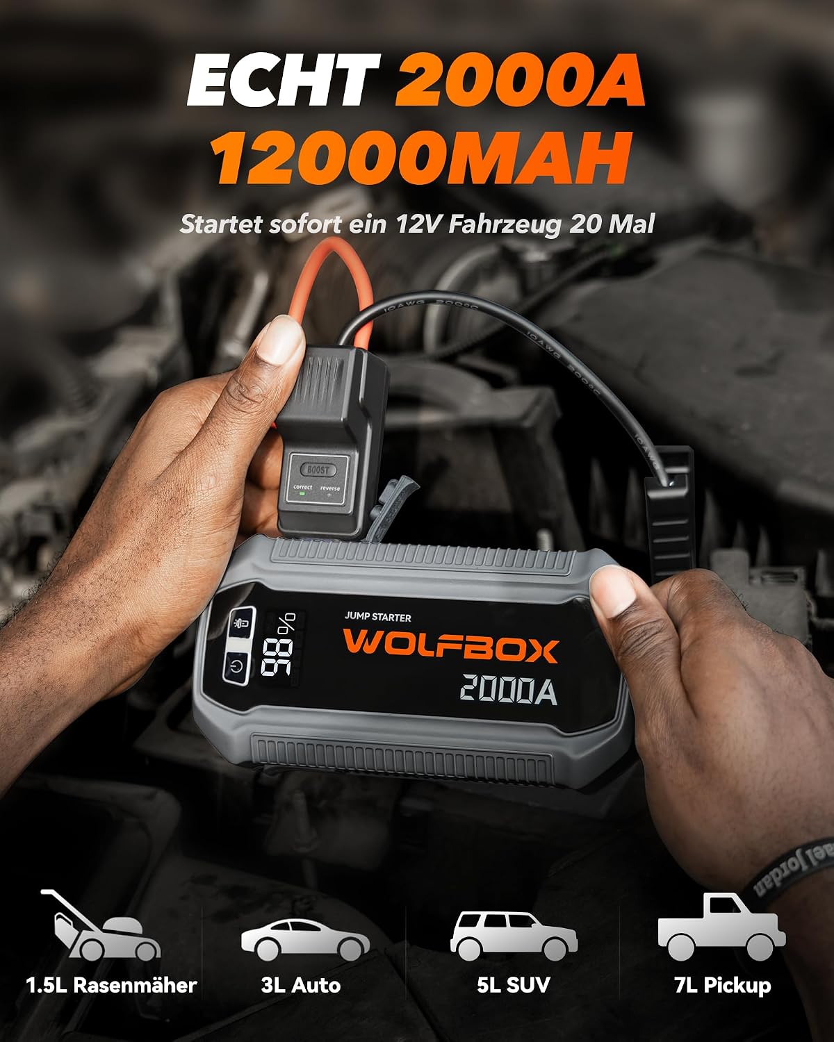 Thumbnail 1 de WOLFBOX Starthilfe Powerbank 2000A – 12V Notfall-Booster mit LED-Lampe, Display und Starthilfekabel