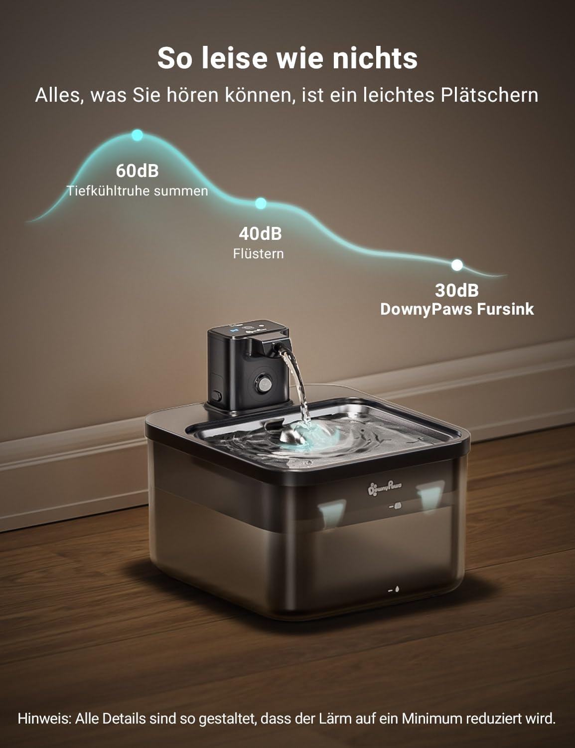 Detalle 2 de DownyPaws Katzenbrunnen Kabellos – 2,5 L batteriebetrieben, Bewegungsmelder und leiser Trinkbrunnen für Katzen