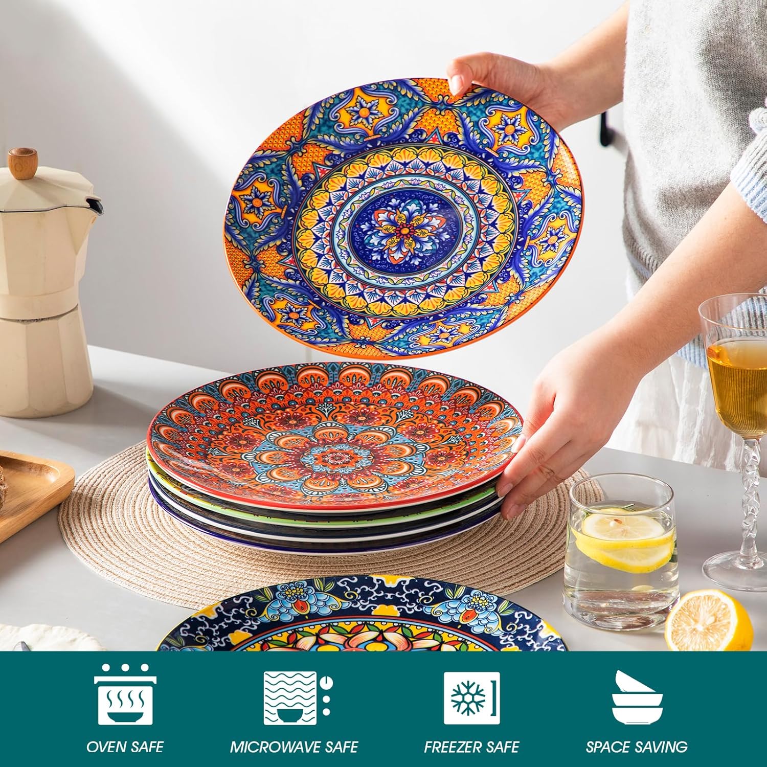 Thumbnail 3 de Vancasso Colorful Dinner Plates Set of 6, 10.5 Inch – Bohemian Ceramic Dinnerware, Series KRVI