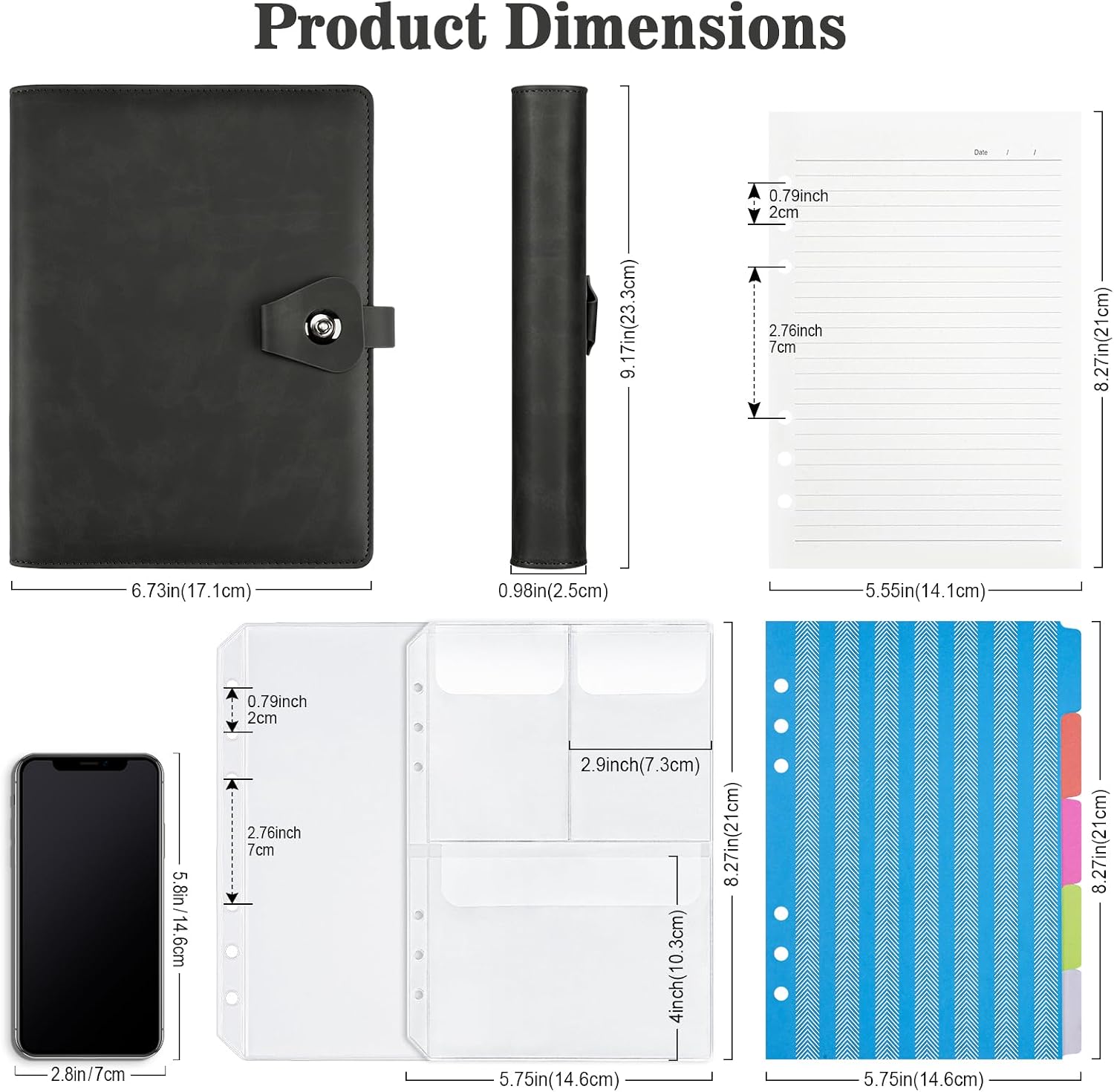 Detalle de PU Leather A5 Ring Binder Notebook with 6 Rings, 200-Sheet Refill Pack & Dividers (Black)