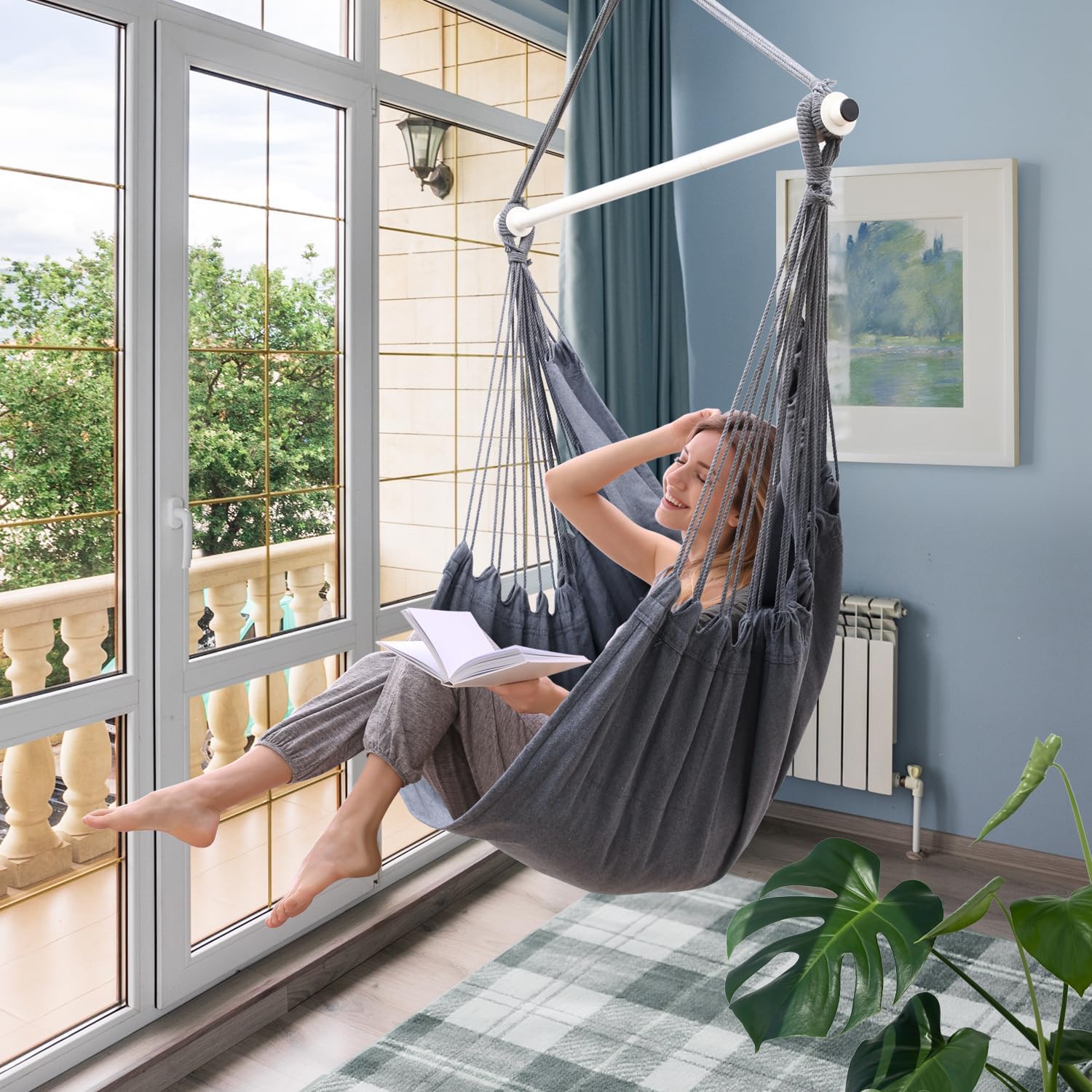 Detalle 2 de Ohuhu XL Hanging Chair Cotton Hammock Swing with Support Bar, Dark Grey (up to 150kg)