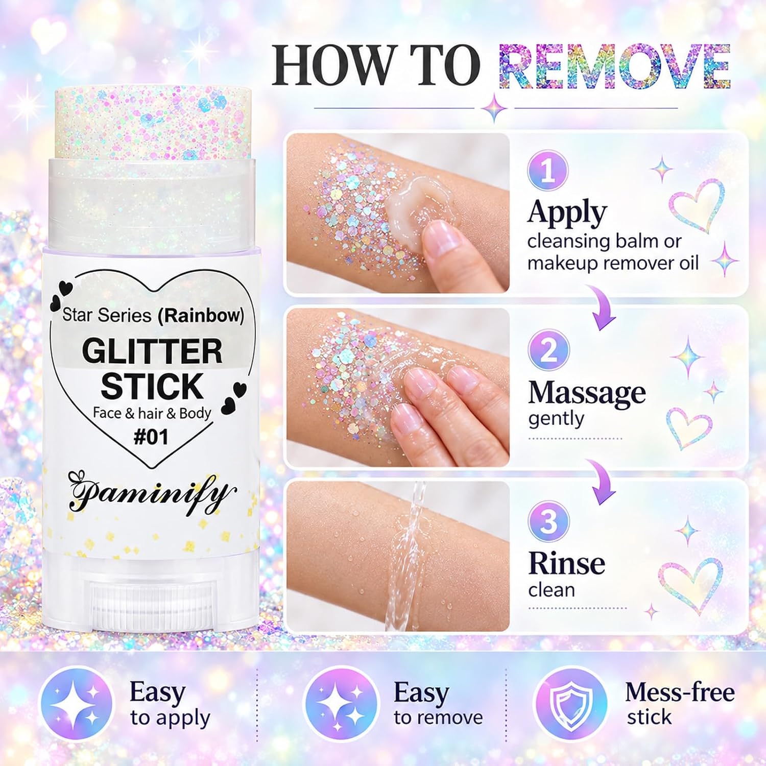 Detalle 2 de paminify Rainbow White Glitter Stick for Hair, Face & Body