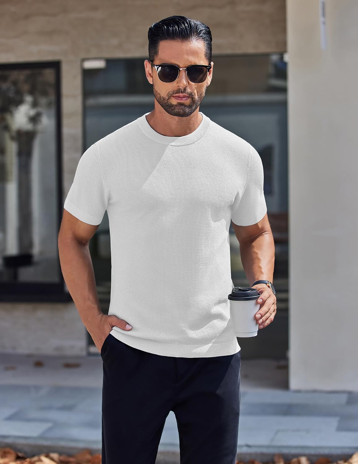 Detalle de COOFANDY Camiseta de punto hombre cuello redondo