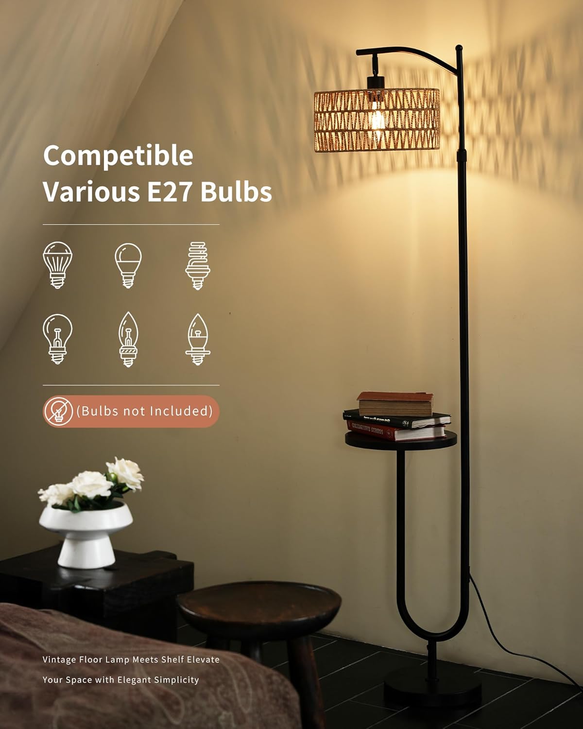 Detalle 2 de LuminexDesigns Stehlampe Wohnzimmer Vintage Rattan – Höhenverstellbar, E27, Ablage, Fußschalter, Schwarz-Beige