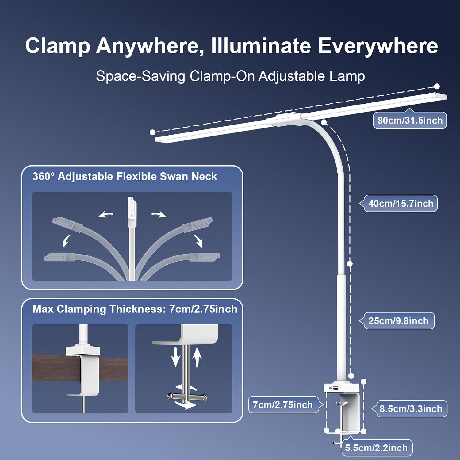 Thumbnail 6 de Lampada da Scrivania a LED 24W con Telecomando – 1500LM, 80cm, USB, bianco