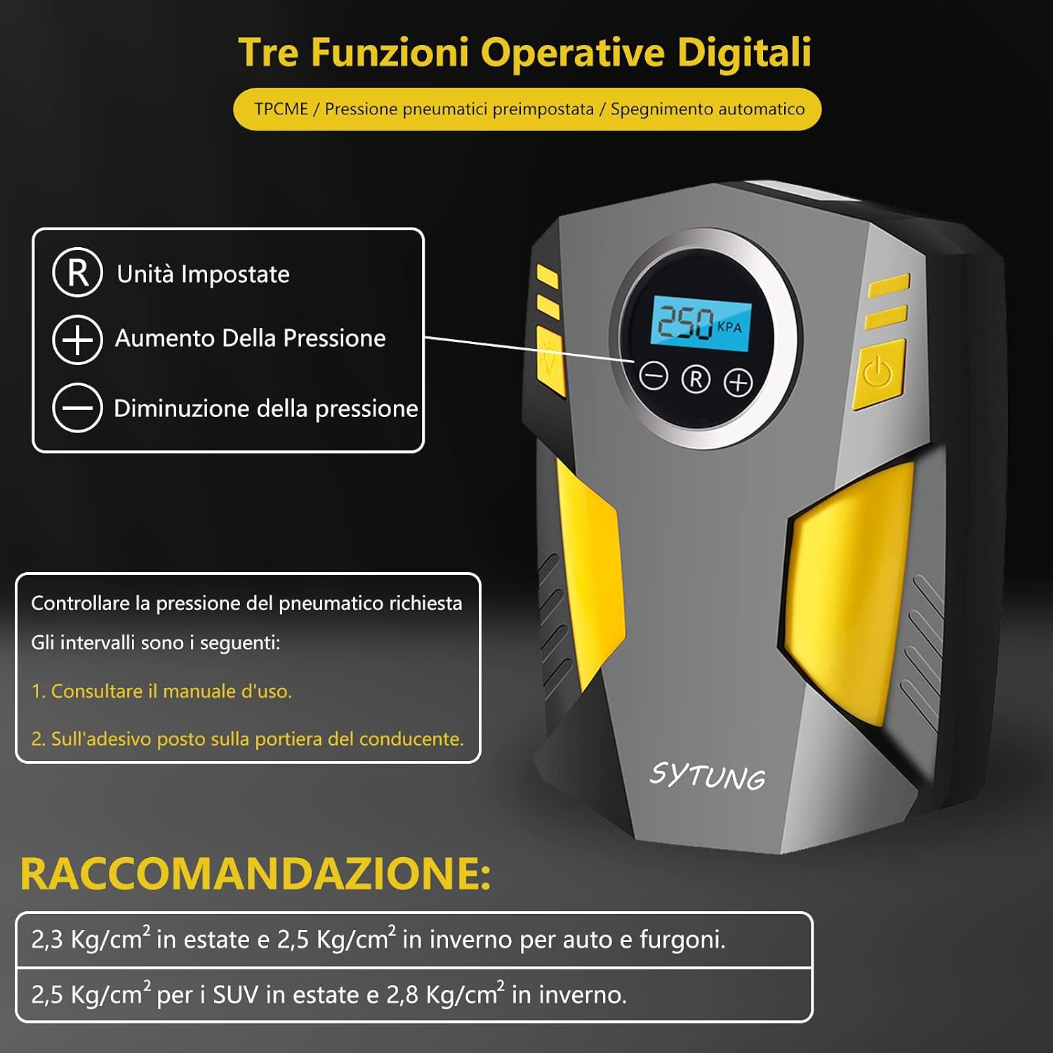 Detalle de SYTUNG Compressore Aria Portatile con 3 Adattatori e LED — Gonfia Pneumatici e Oggetti Gonfiabili