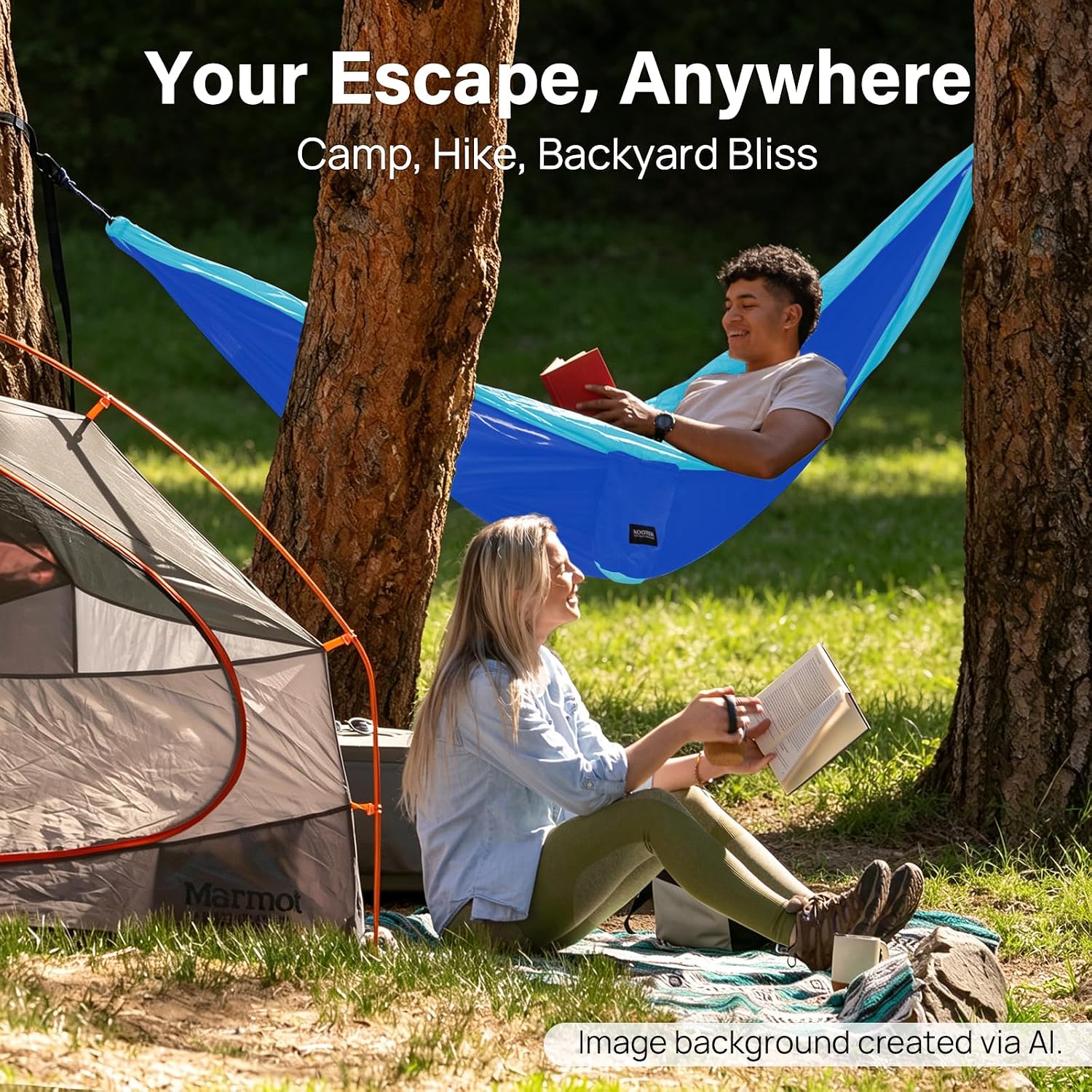 Detalle 2 de Kootek Camping Hammock: Portable Double/Single Nylon Hammock with Tree Straps and Carry Bag