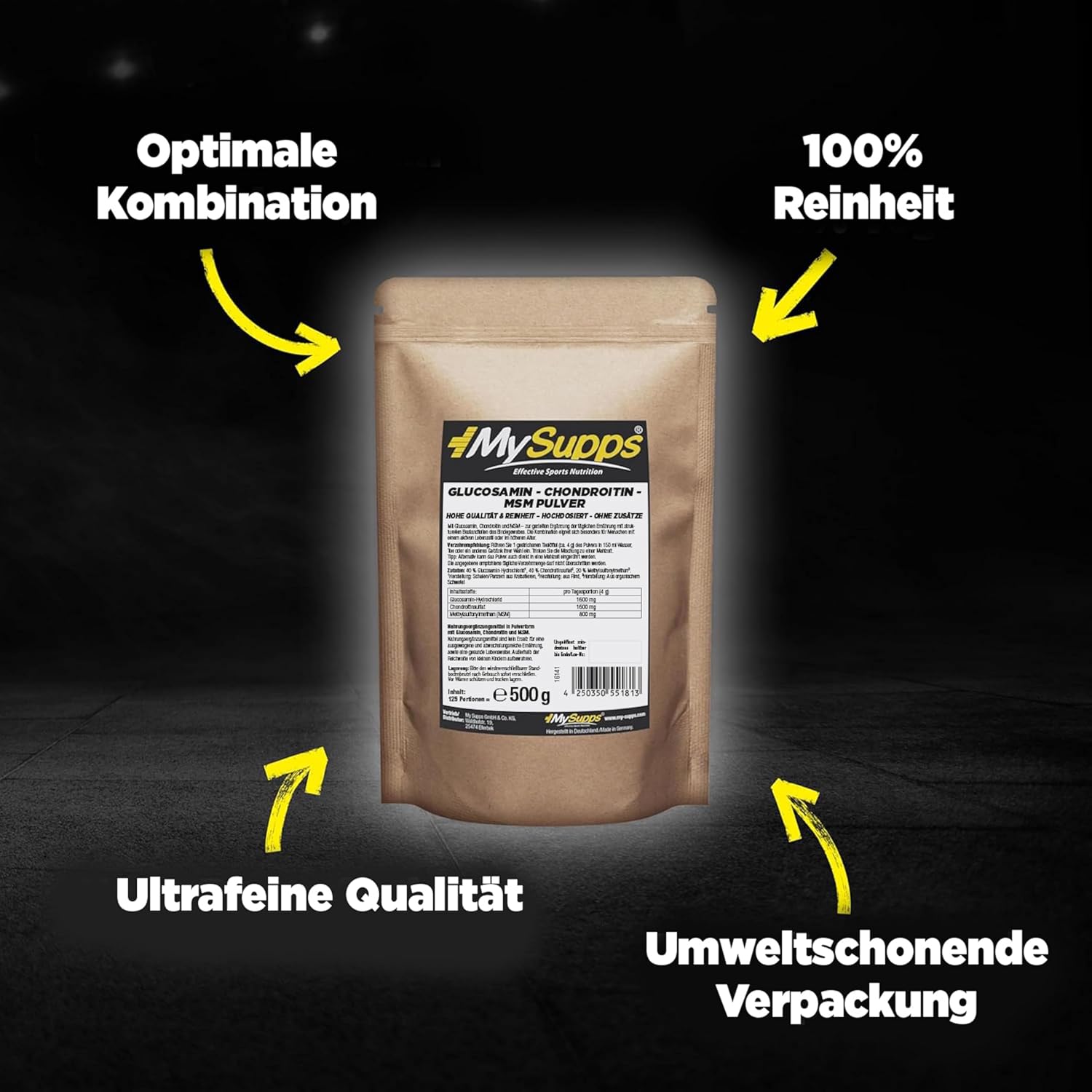 Detalle de My Supps Glucosamin Chondroitin MSM Komplex l 500 g – hochdosiert, neutral löslich, Made in Germany
