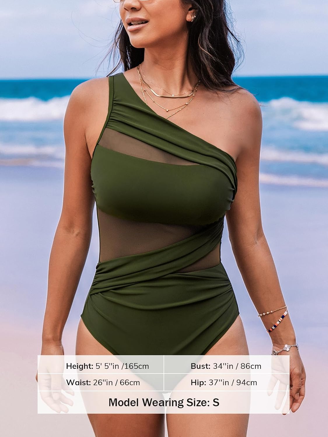 Detalle de CUPSHE Damen Badeanzug One-Shoulder mit Mesh-Einsätzen und Bauchkontrolle