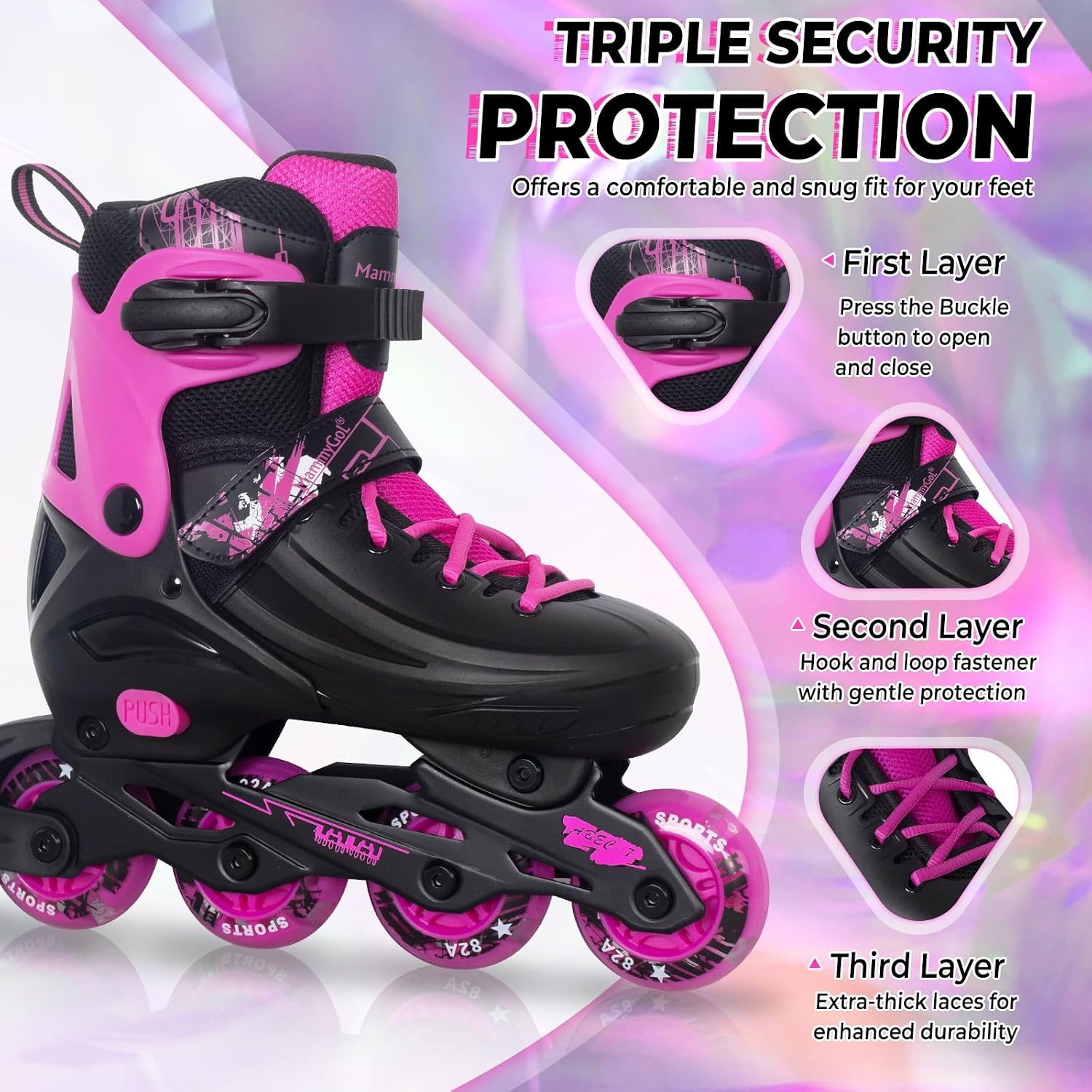 Detalle de MammyGol Adjustable Inline Skates for Kids, Youths, and Adults — Light-Up Wheels, All-Weather Indoor/Outdoor