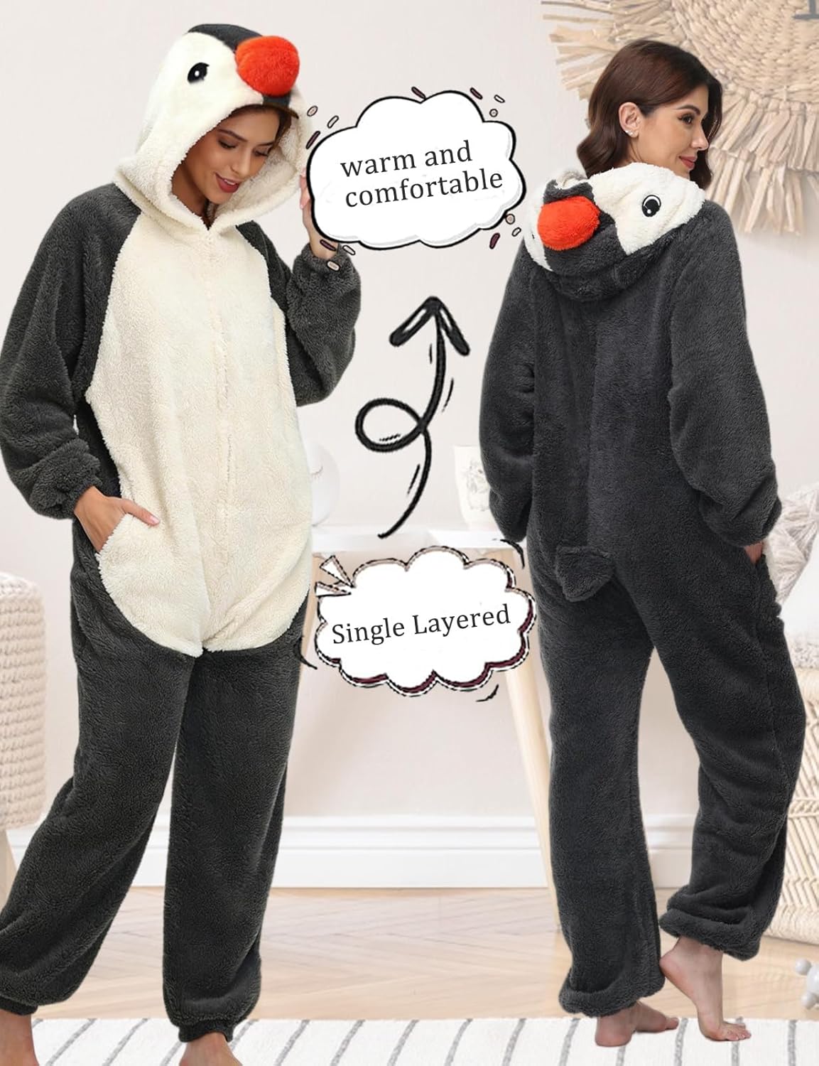 Thumbnail 3 de chuangminghangqi Einteiliger Schlafanzug Unisex Lang Winter – Tierkostüm-Jumpsuit mit Kapuze und Reißverschluss