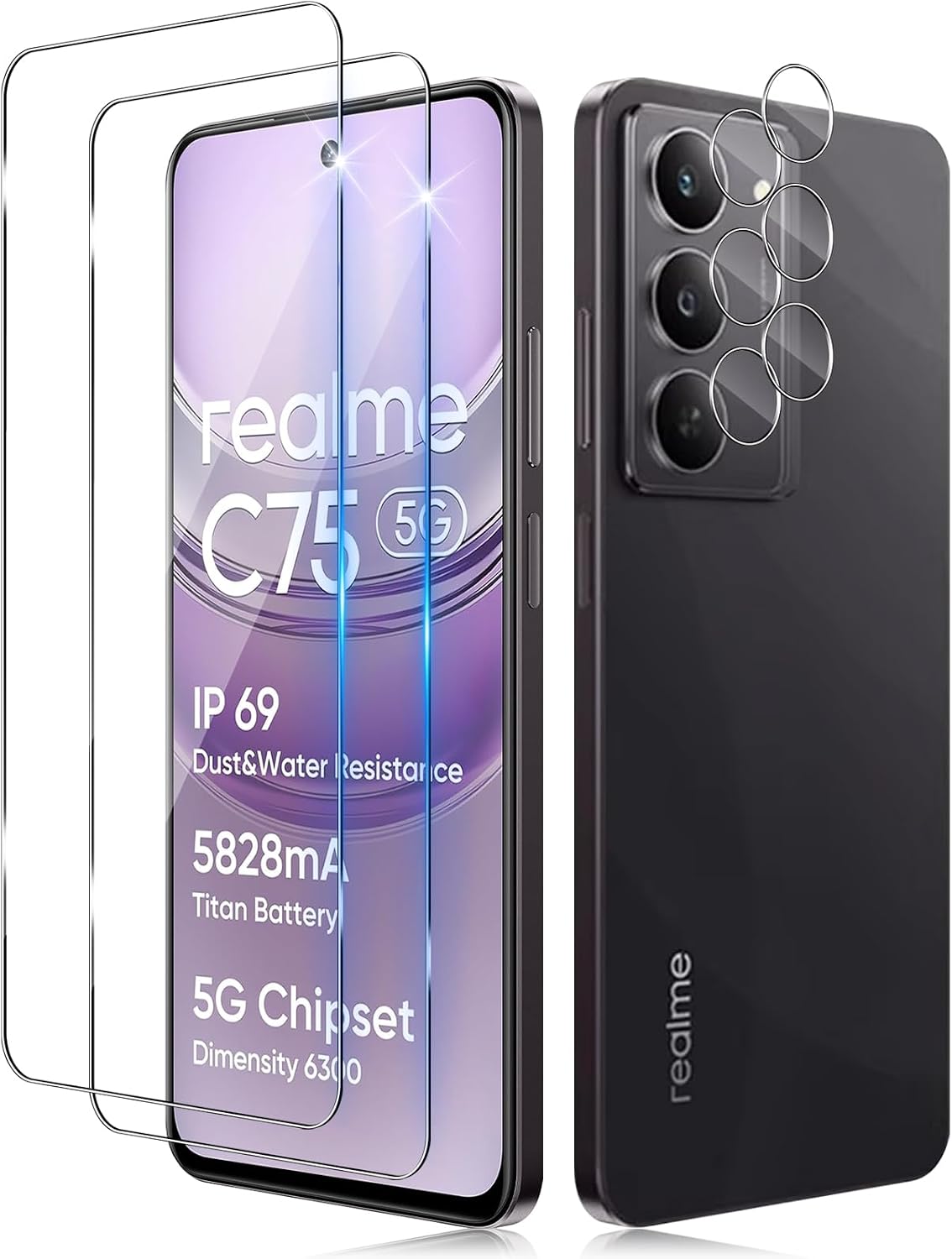 Detalle de Funrae Panzerglas-Schutzfolie für Realme C75 5G – 2x Displayschutz & 2x Kamera-Schutzfolie, 9H, blasenfrei