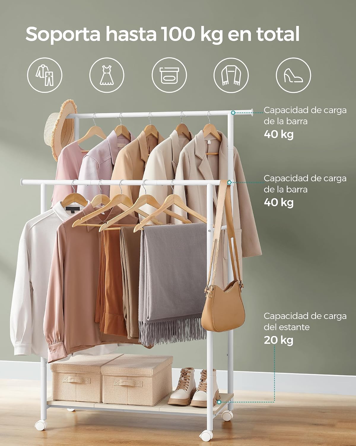 Detalle de SONGMICS Perchero doble con ruedas 98,5 cm