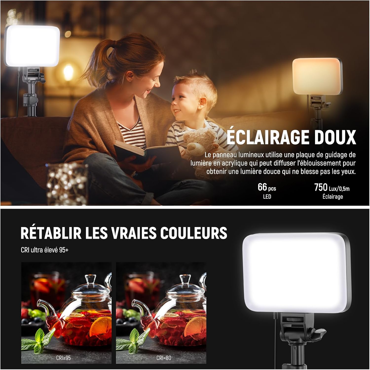 Thumbnail 2 de NEEWER Basics Kit d’éclairage de studio LED bicolore (panneau 3200K–5600K) – packs de 2 avec trépieds et filtres