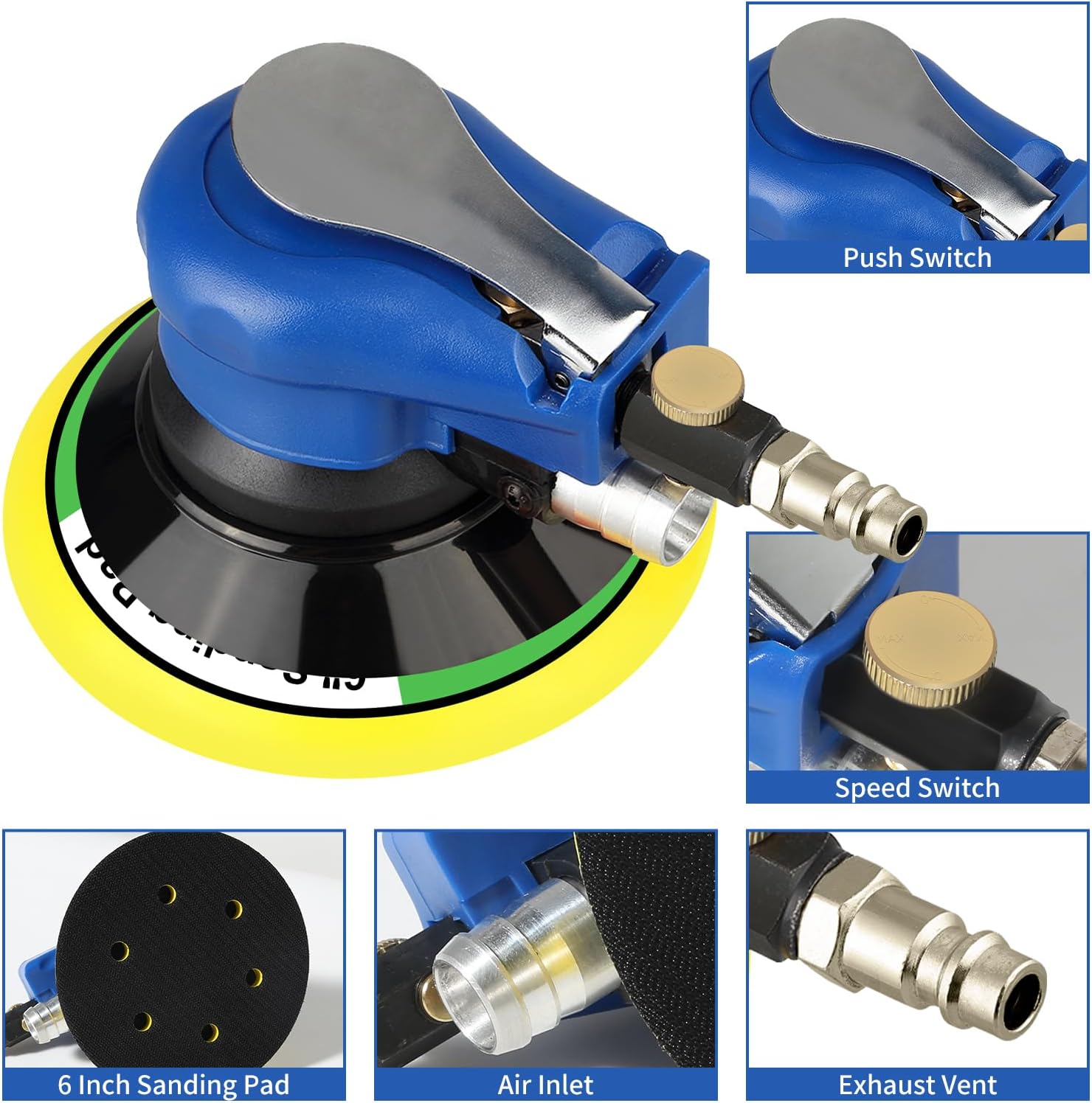 Detalle 2 de Uten Ponceuse orbitale pneumatique double action 6" (Ø 152 mm) avec régulation de vitesse et 7 abrasifs