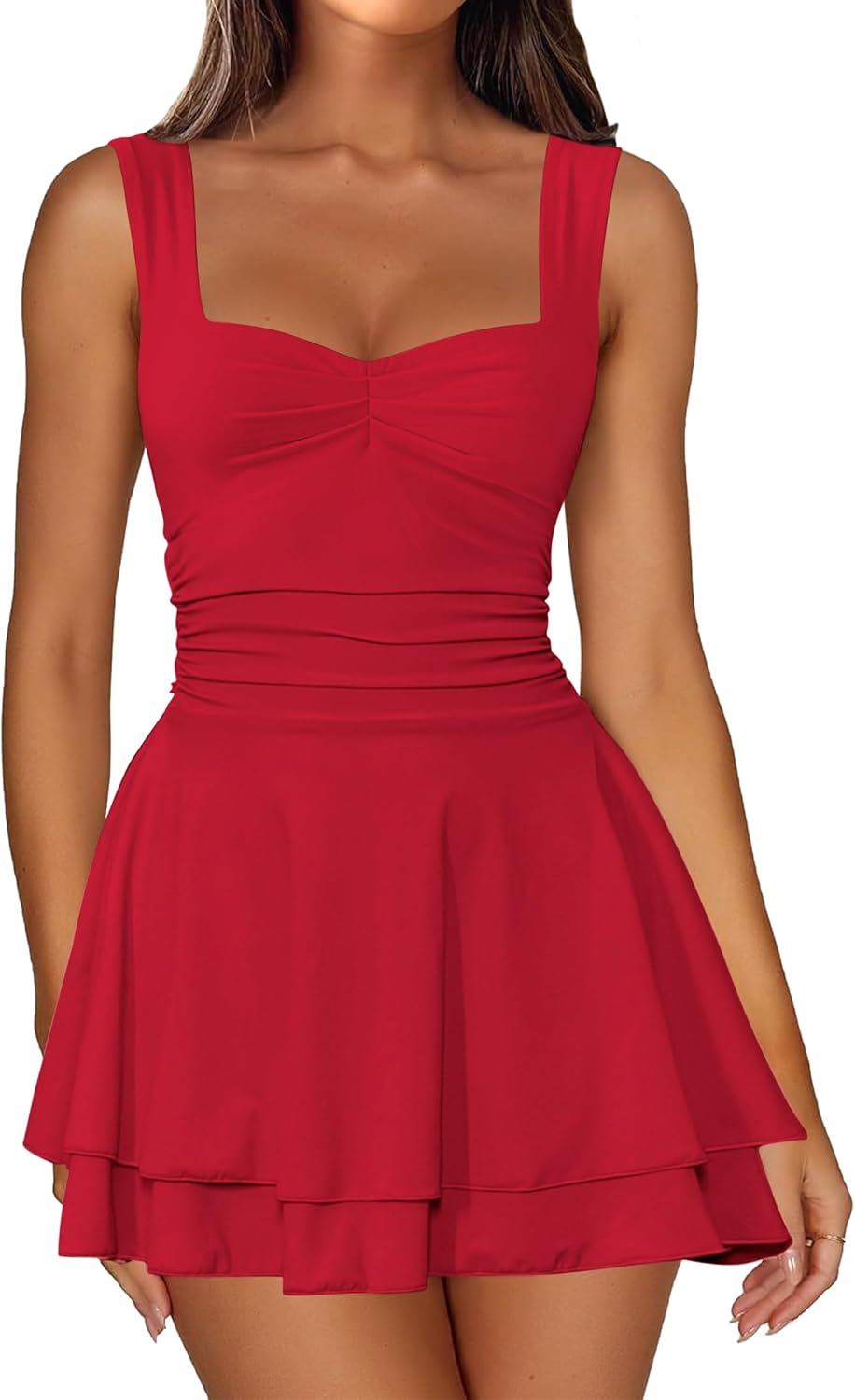 Detalle de IWD Women's Square Neck Sleeveless Mini Dress with Ruched Waist and Tiered Ruffle Hem