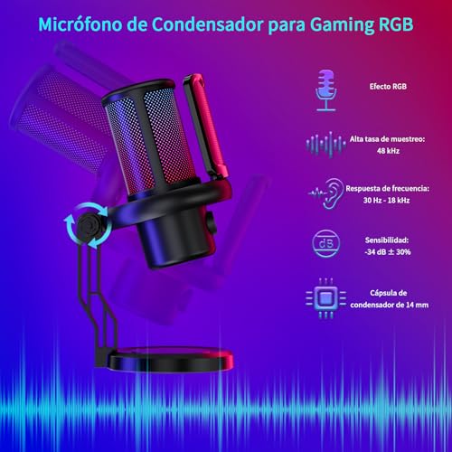 Thumbnail 1 de K KASONIC Micrófono para Gaming con RGB: sonido claro, filtrado y iluminación integrada para PC/PS4/PS5