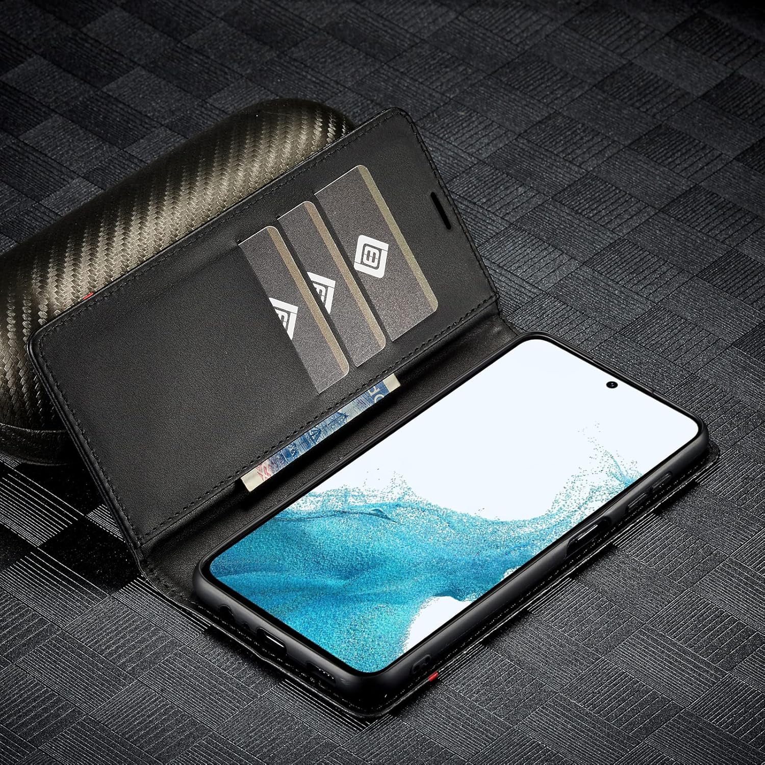 Detalle de ZTOFERA Wallet Case for Samsung Galaxy A55 5G: Carbon Fibre Flip with Card Holder and Magnetic Closure