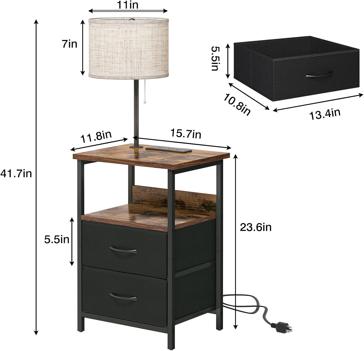 Detalle de Fixwal Bedside Table with 3 Color Temperature Reading Light and Charging Station, Black