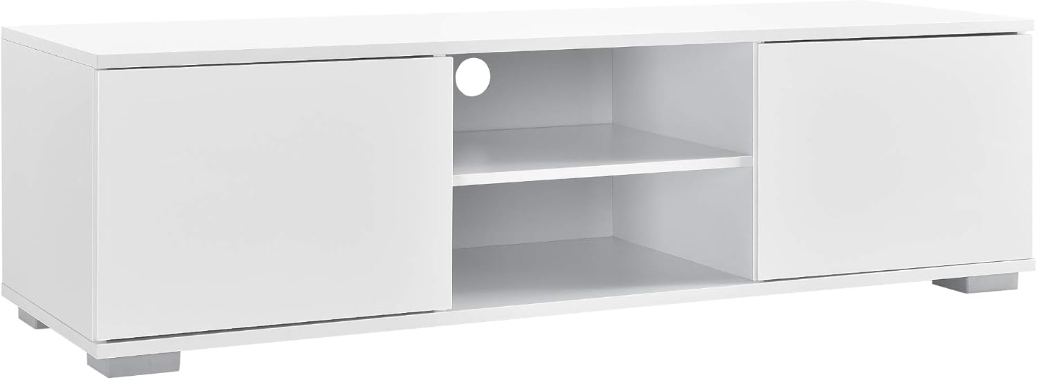 Detalle de Mobile TV a 2 ante con scomparti chiusi e aperti, tavolino basso, porta TV e foro passacavi in Bianco Lucido – en.casa