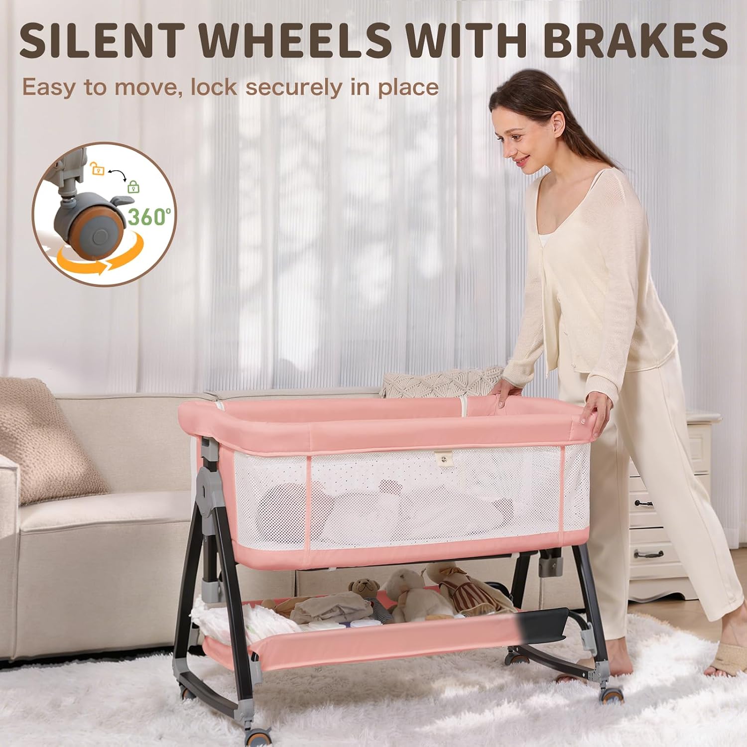 Detalle de Mudite BB-858 3-in-1 Bedside Bassinet with 6 Height Settings