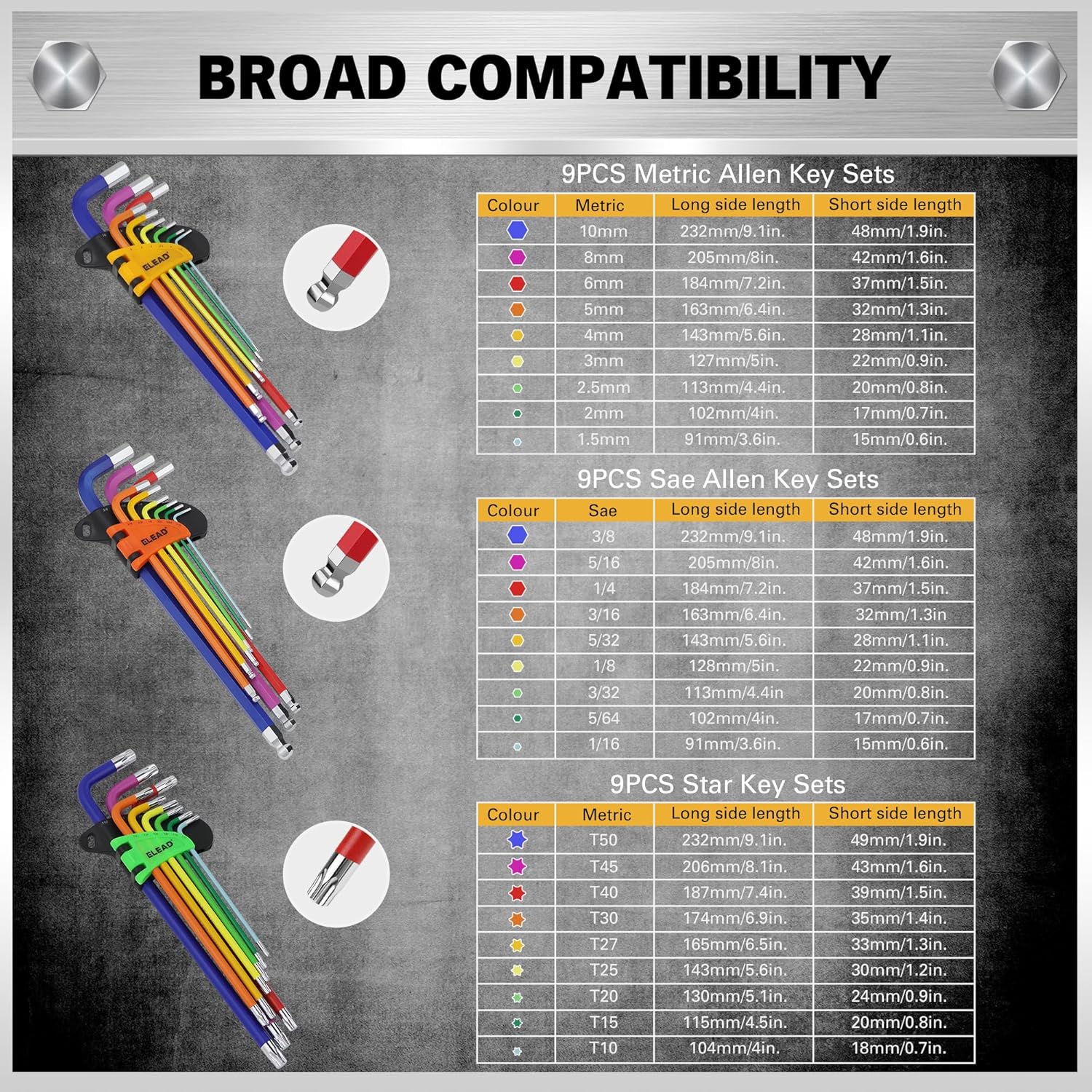 Thumbnail 1 de ELEAD 29-Piece Hex & Torx Key Set, SAE and Metric, Long-Arm Ball End