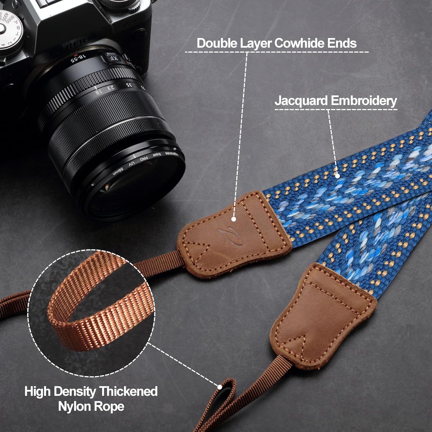 Thumbnail 2 de Padwa Lifestyle Speed Blue Camera Strap – 1.5" soft cotton rope weave strap with crazy horse cowhide ends