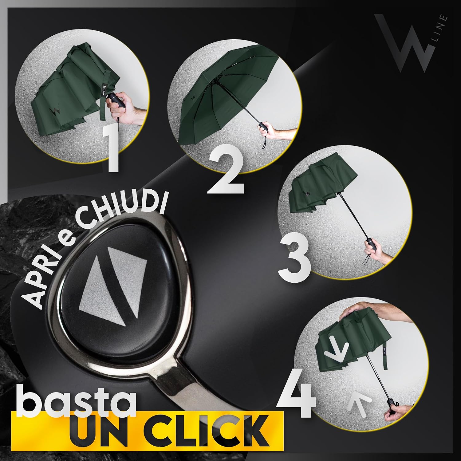 Detalle de WLine Wind Ombrello Pieghevole Antivento 210T con 10 Aste Rinforzate, Diametro 104 cm, Verde – Automatico