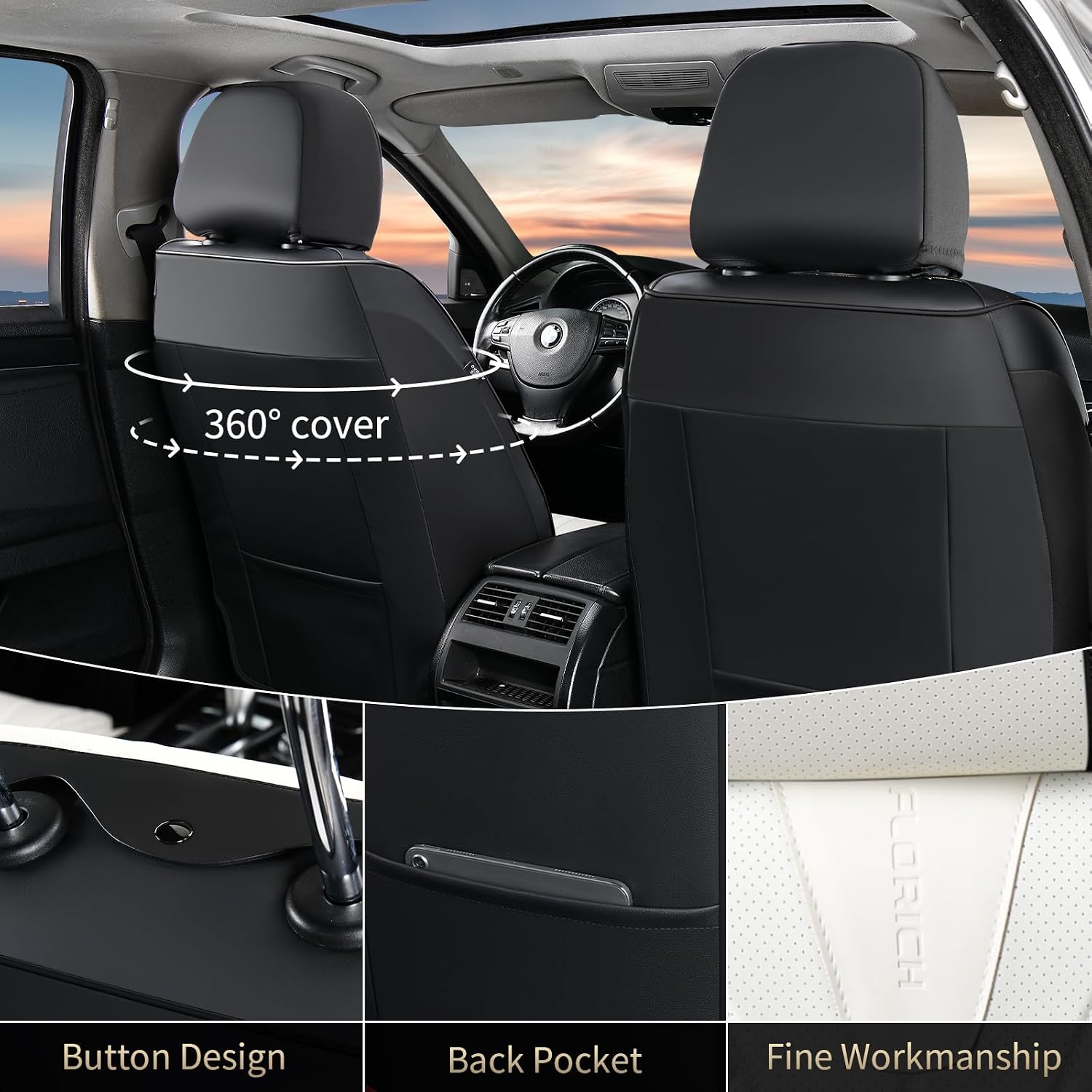 Thumbnail 1 de FLORICH Waterproof Front Car Seat Cover (Faux Leather) — Universal Fit for Most Cars, SUVs, Trucks, Pickups, Black & White