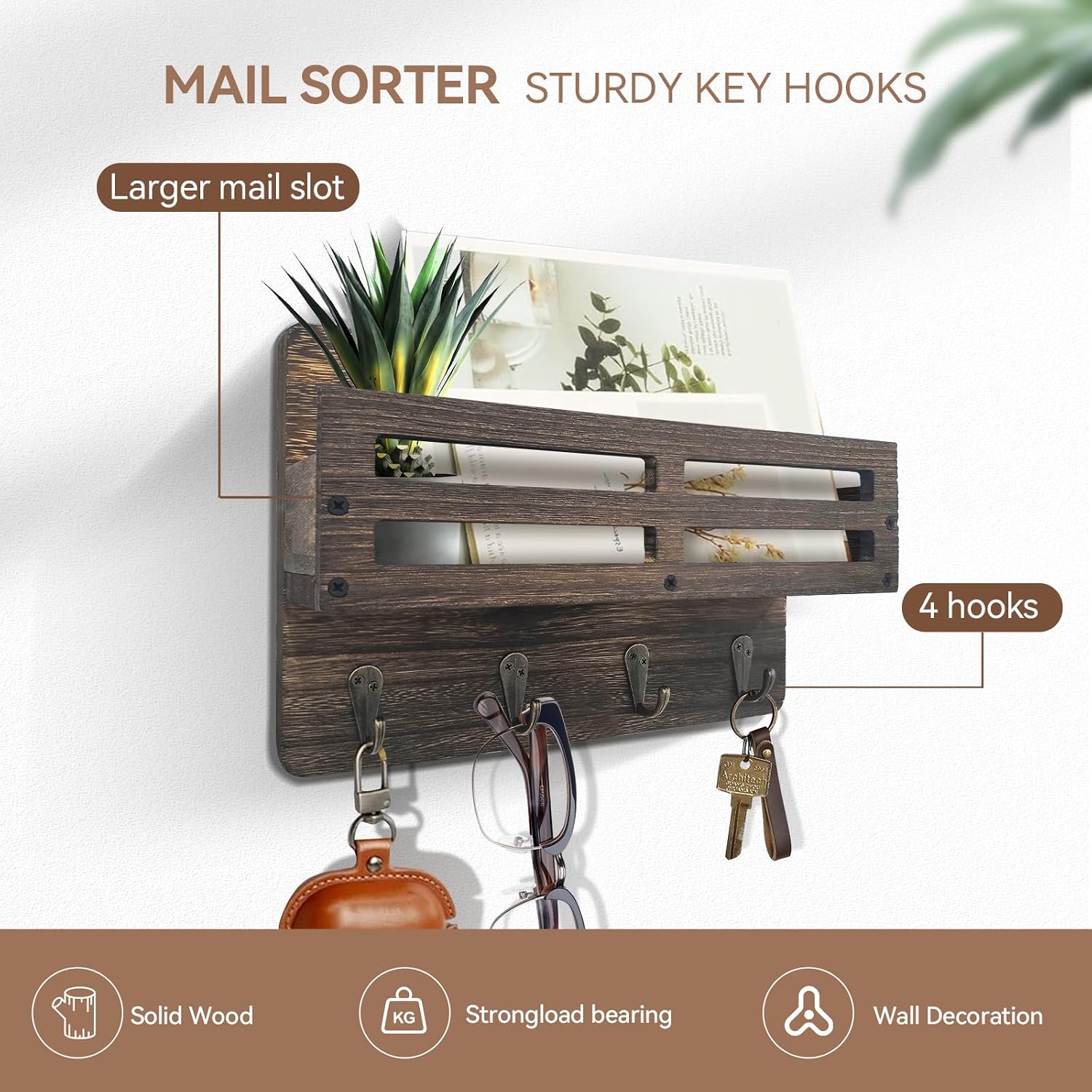 Detalle de KISENG Key Hooks Wall-Mounted Key and Mail Organizer, 4 Hooks, Paulownia Wood