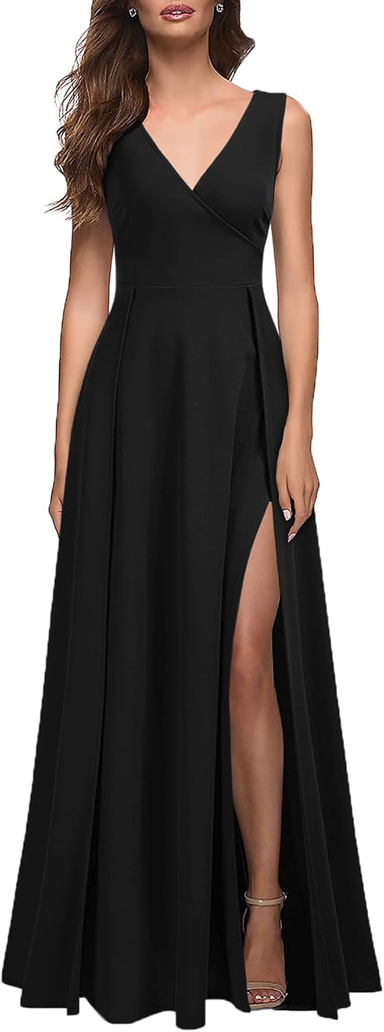 Detalle de MUSHARE Women’s V Neck Sleeveless Split Formal Dress (Bodycon, High Waist)