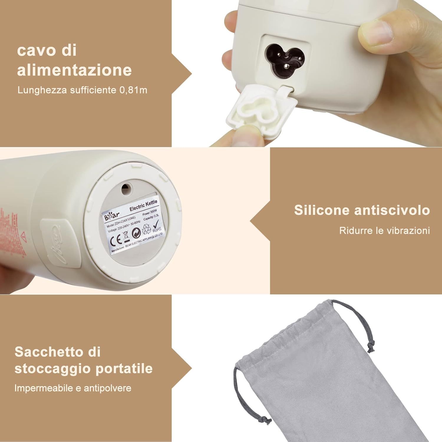 Detalle de Bear 300 Ml 4-Temperature Bollitore Elettrico: 3-in-1 per viaggi e casa
