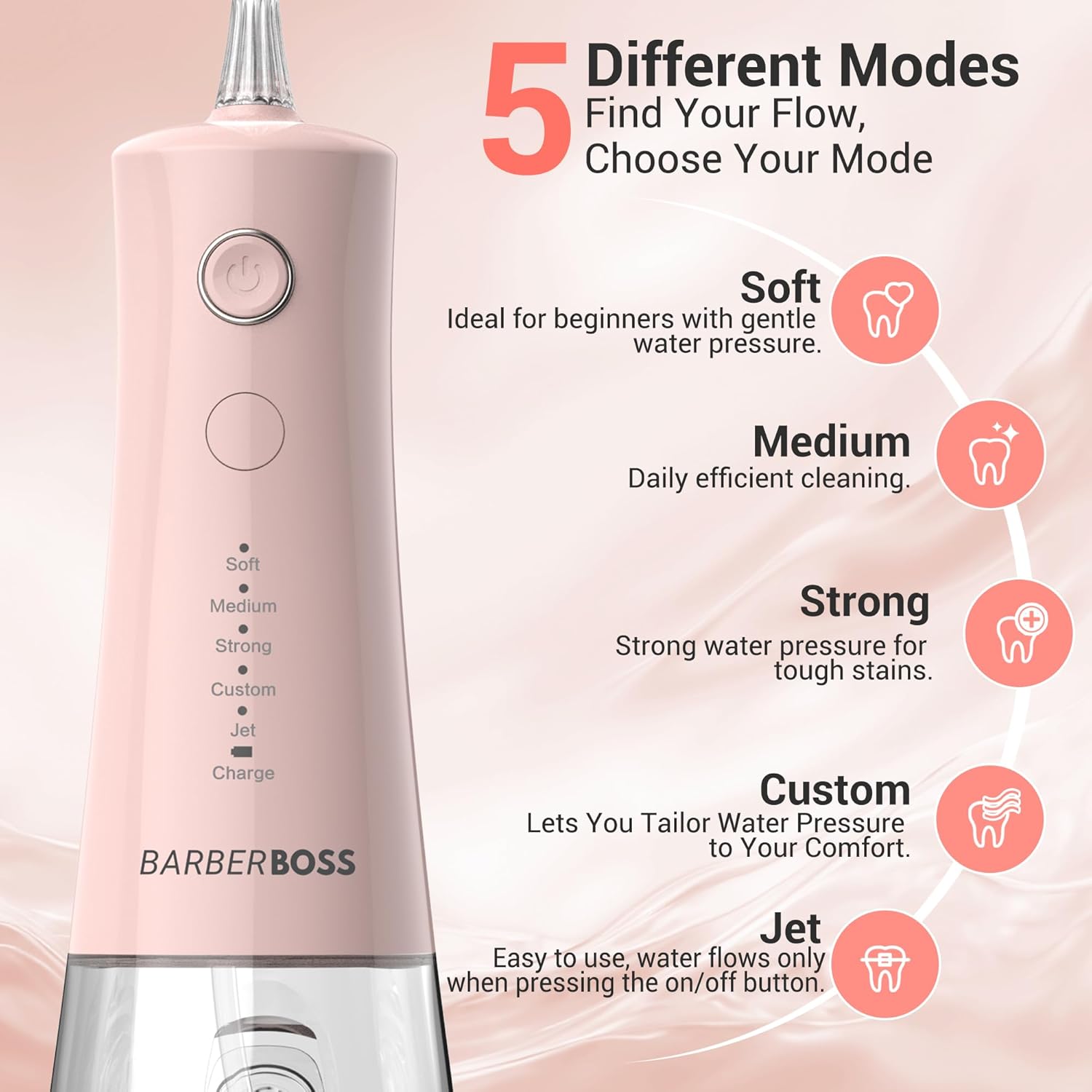 Detalle de BarberBoss Idropulsore Dentale: irrigatore orale wireless con 5 modalità e serbatoio da 340 ml – Rosa Pastello