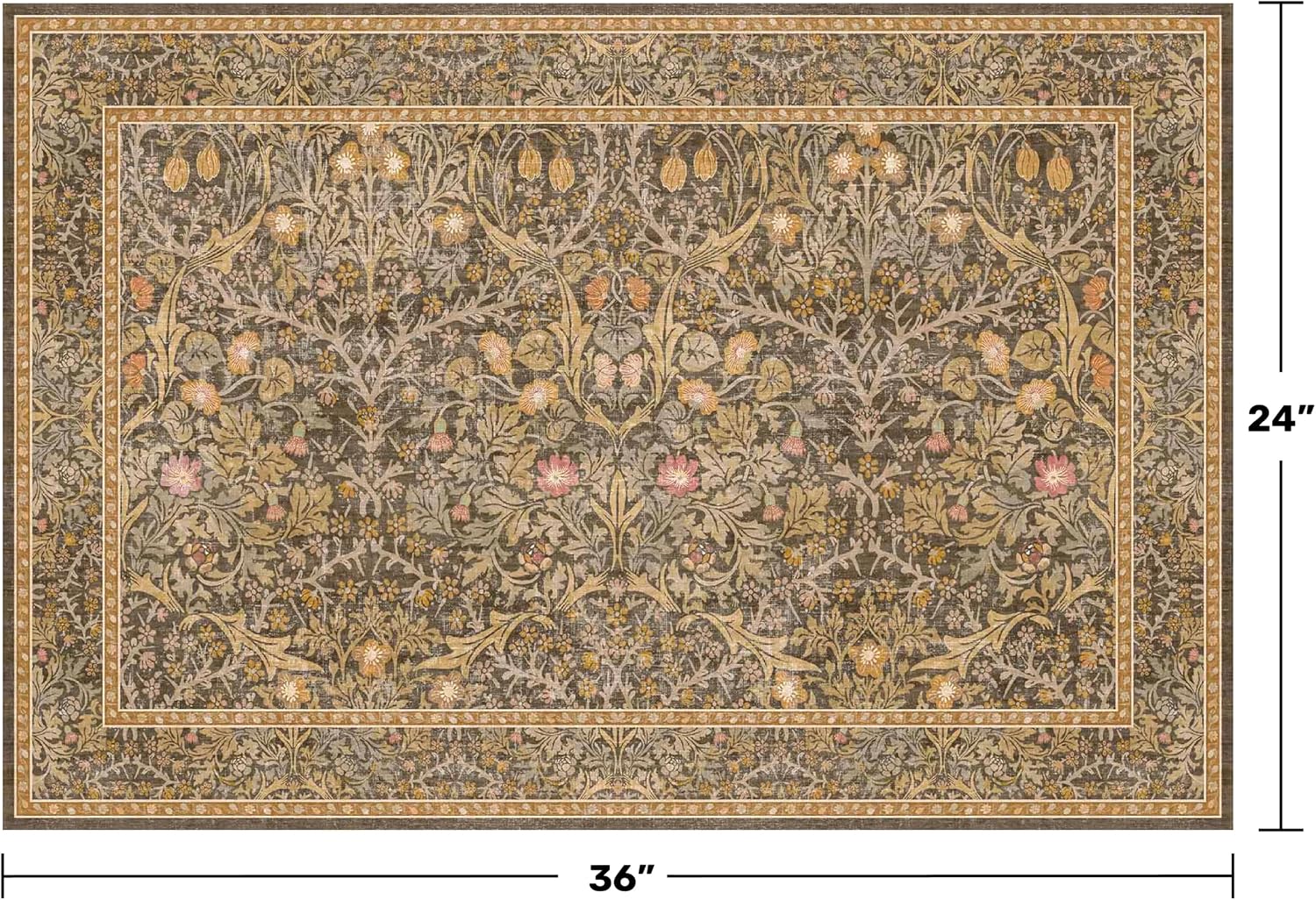 Detalle 2 de Brown Washable Entry Rug - Front Door Throw Rug (2x3) with Non-Slip Backing, Vintage Floral Boho Kitchen & Bathroom Mat