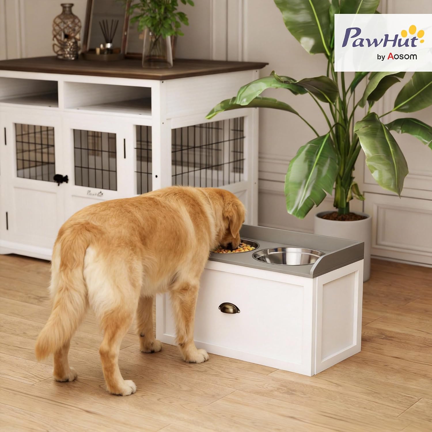 Detalle de PawHut gamelles pour chiens surélevées avec support et tiroir coulissant (2 gamelles inox de 2 L)