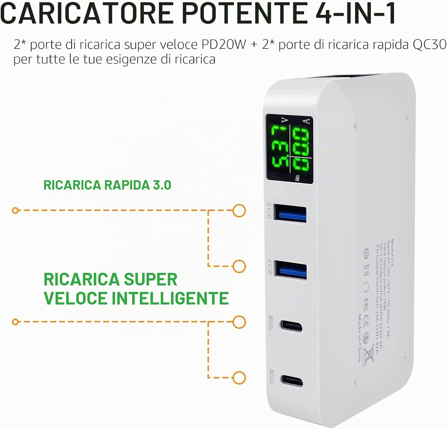 Thumbnail 4 de Ideallife Stazione di Ricarica USB a 4 Porte da 70W con Display LCD e PD20W/QC3.0