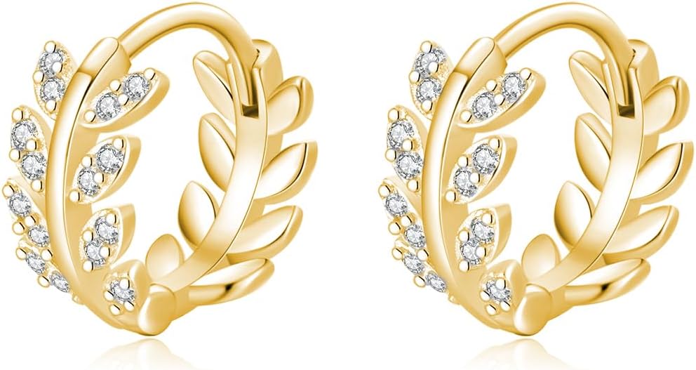 Detalle de SLUYNZ Sterling Silver CZ Leaf Hoop Earrings for Women – Olive Leaf Dainty Huggie