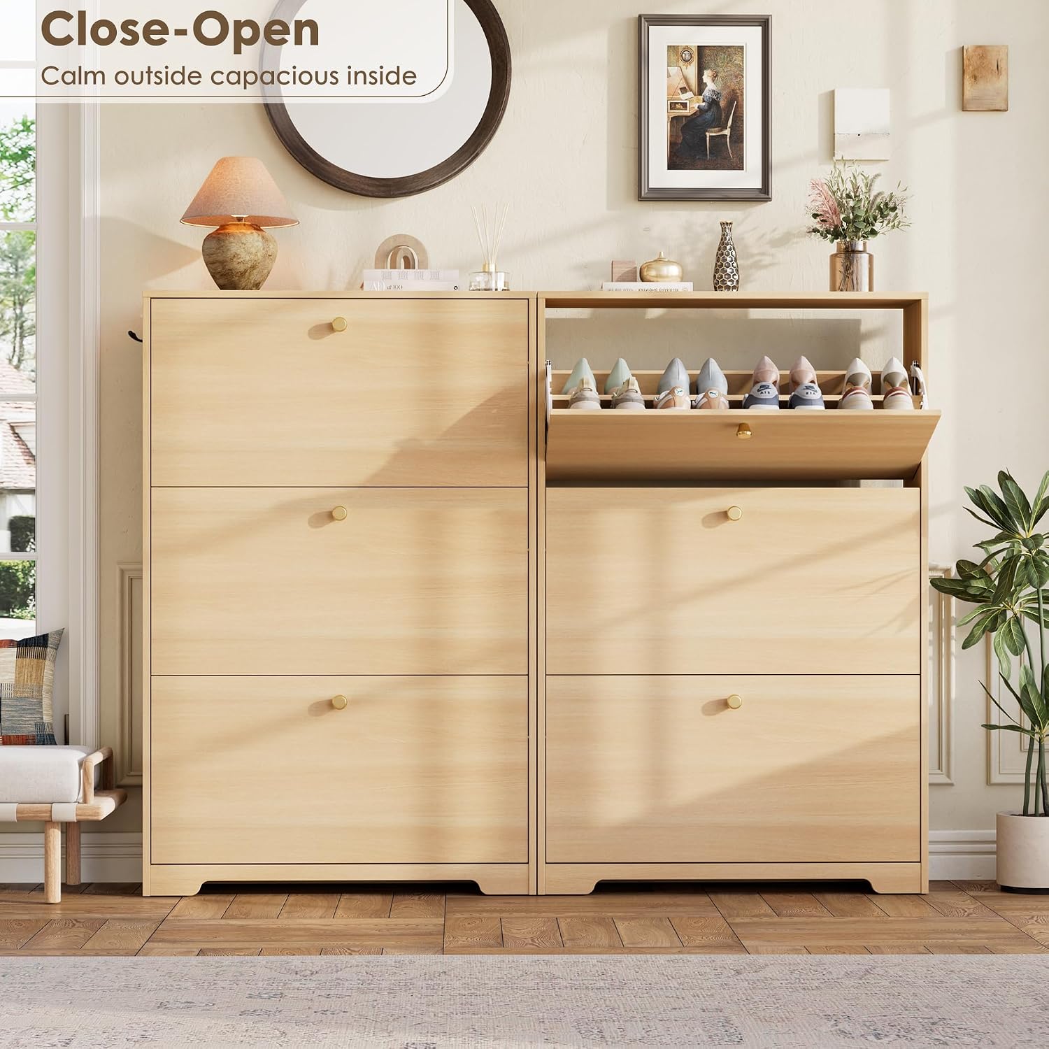 Detalle de Nicetree NT-SC004 Shoe Storage Cabinet, Natural Oak, 3 Flip Drawers
