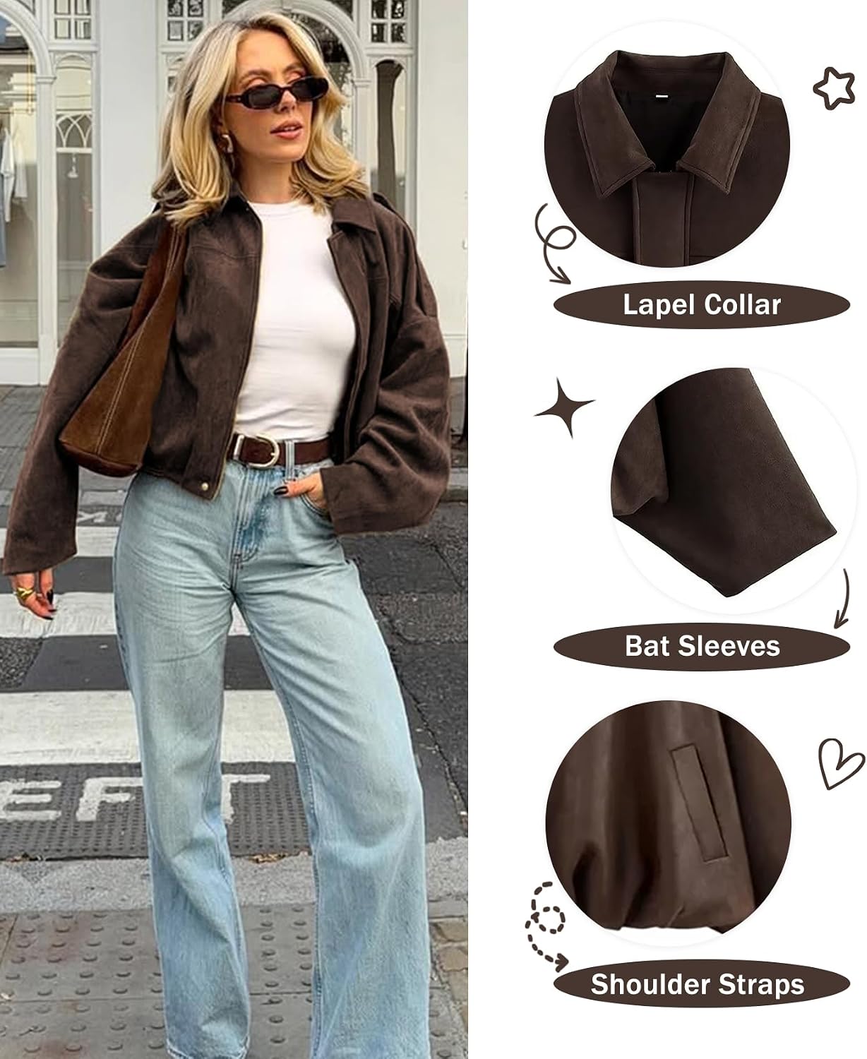 Detalle 2 de Bnigung Women's Faux Suede Cropped Bomber Jacket with Batwing Sleeves