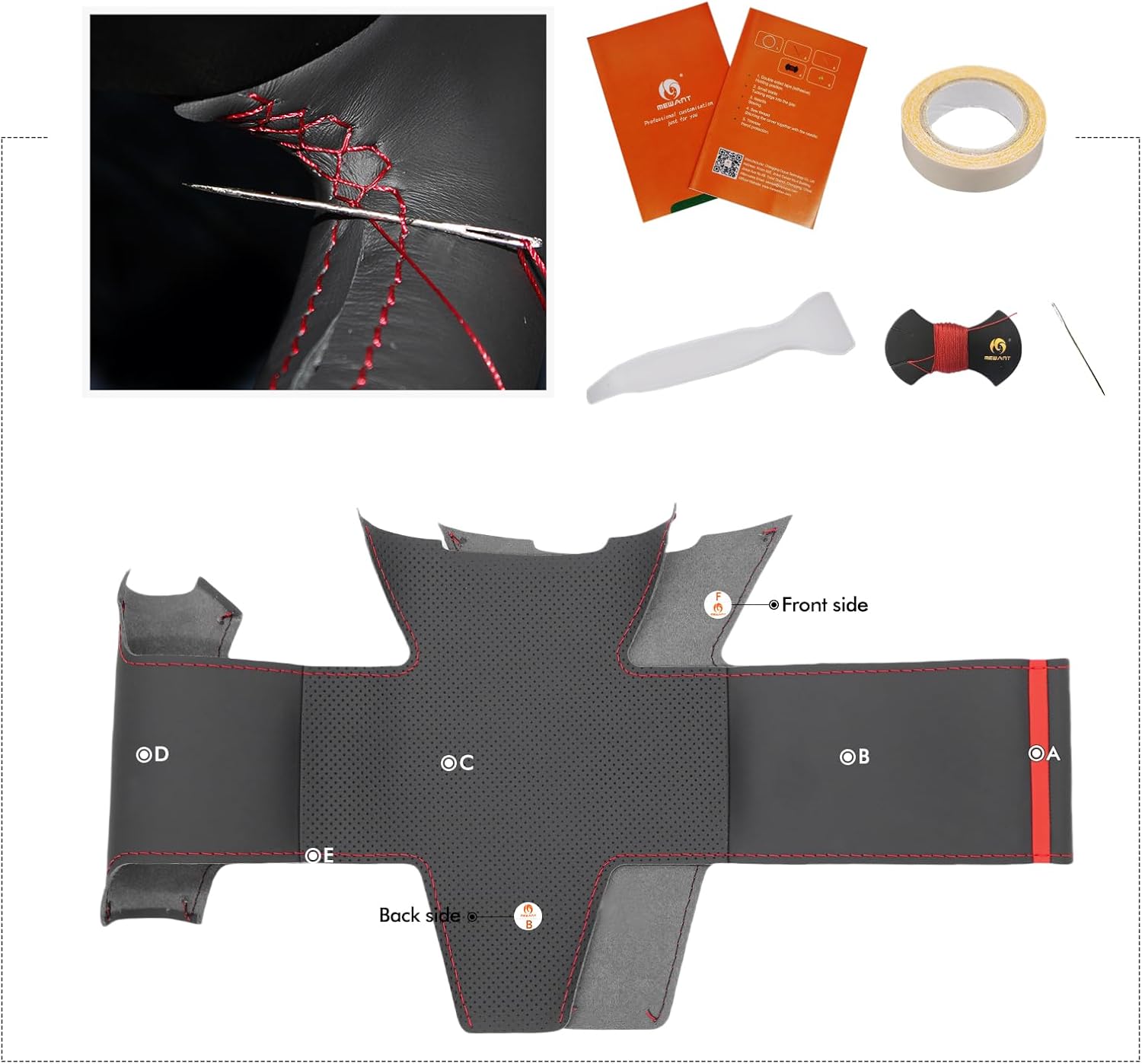 Detalle de MEWANT coprivolante in pelle microfibra per Fiat Panda (2012-2024) – cucito a mano, senza tasto multifunzione