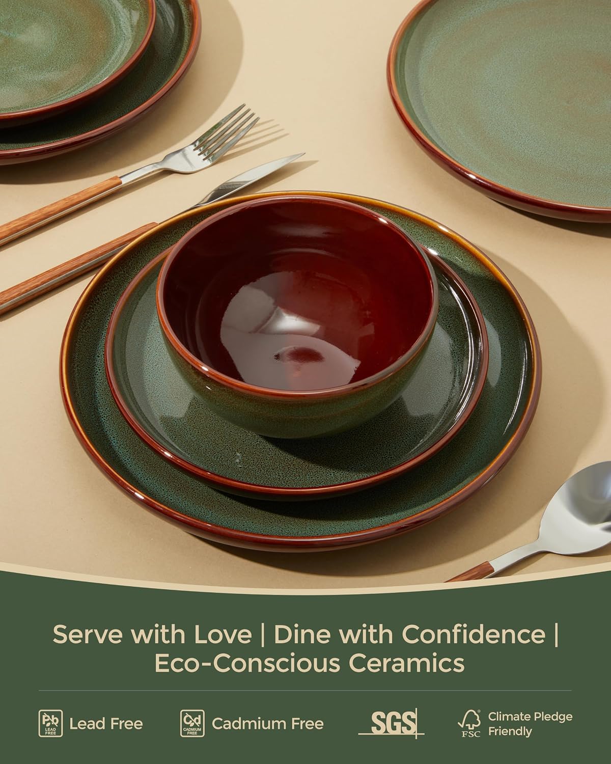 Detalle 2 de Pokini Stoneware Dinnerware Set 12‑Piece Sage Green