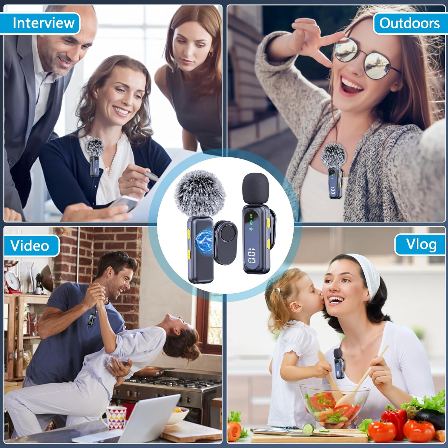 Detalle de RICCHI J1 Wireless Lavalier Microphone Set, 2 Mics with Noise Reduction and LED Display